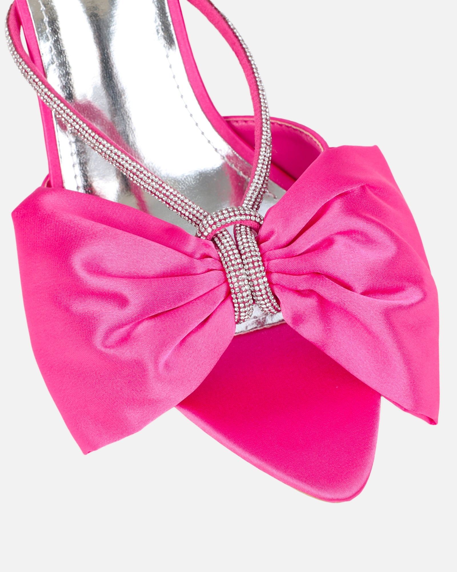 Chayaa Pink Satin Diamante Bow Low Heeled Sandals
