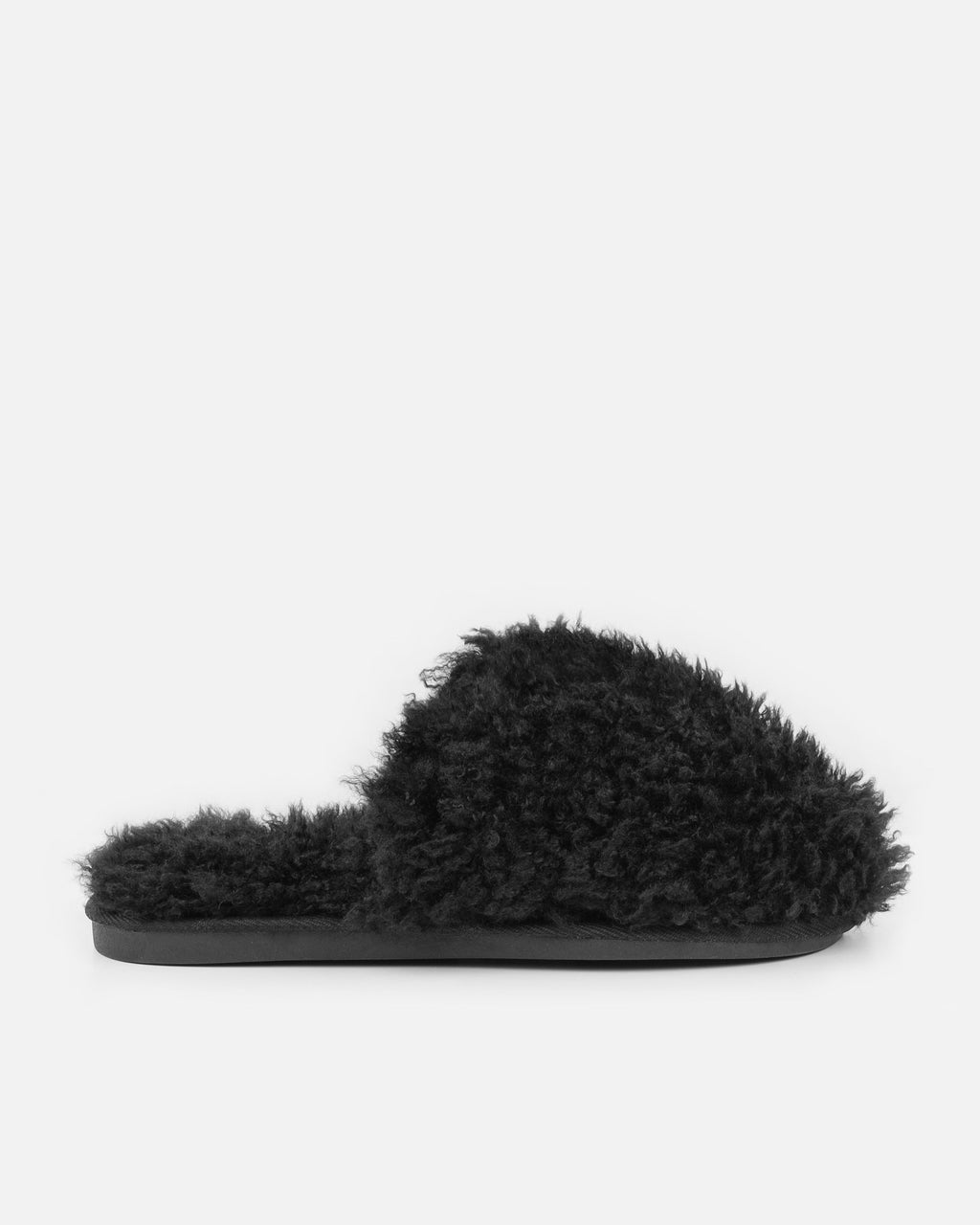 Floof Black Curly Faux Fur Slippers