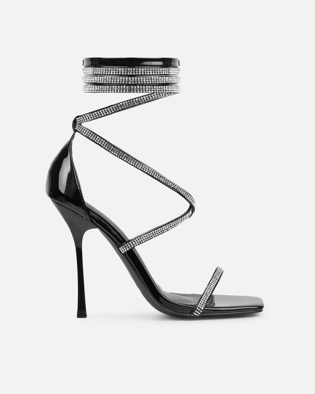 Laveen Black Patent Diamante Tie Up Heeled Sandals