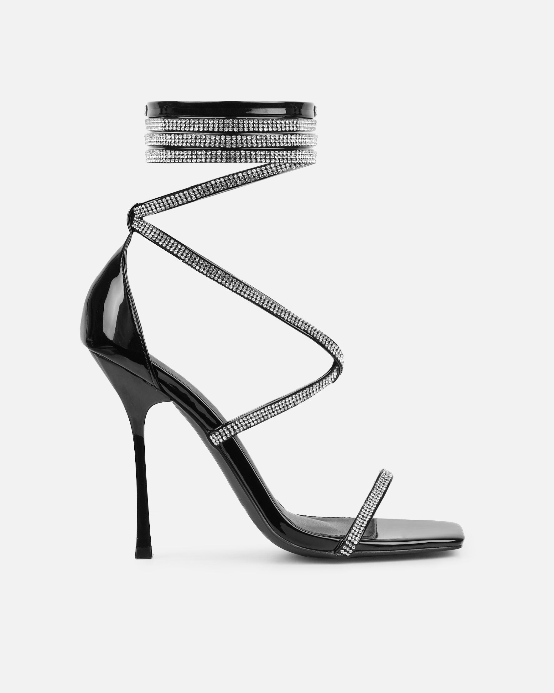 Laveen Black Patent Diamante Tie Up Heeled Sandals