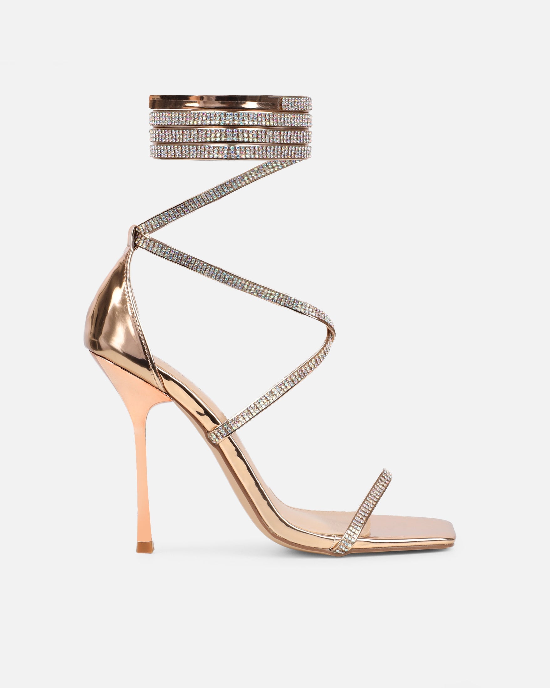 Laveen Rose Gold Mirror Diamante Tie Up Heeled Sandals