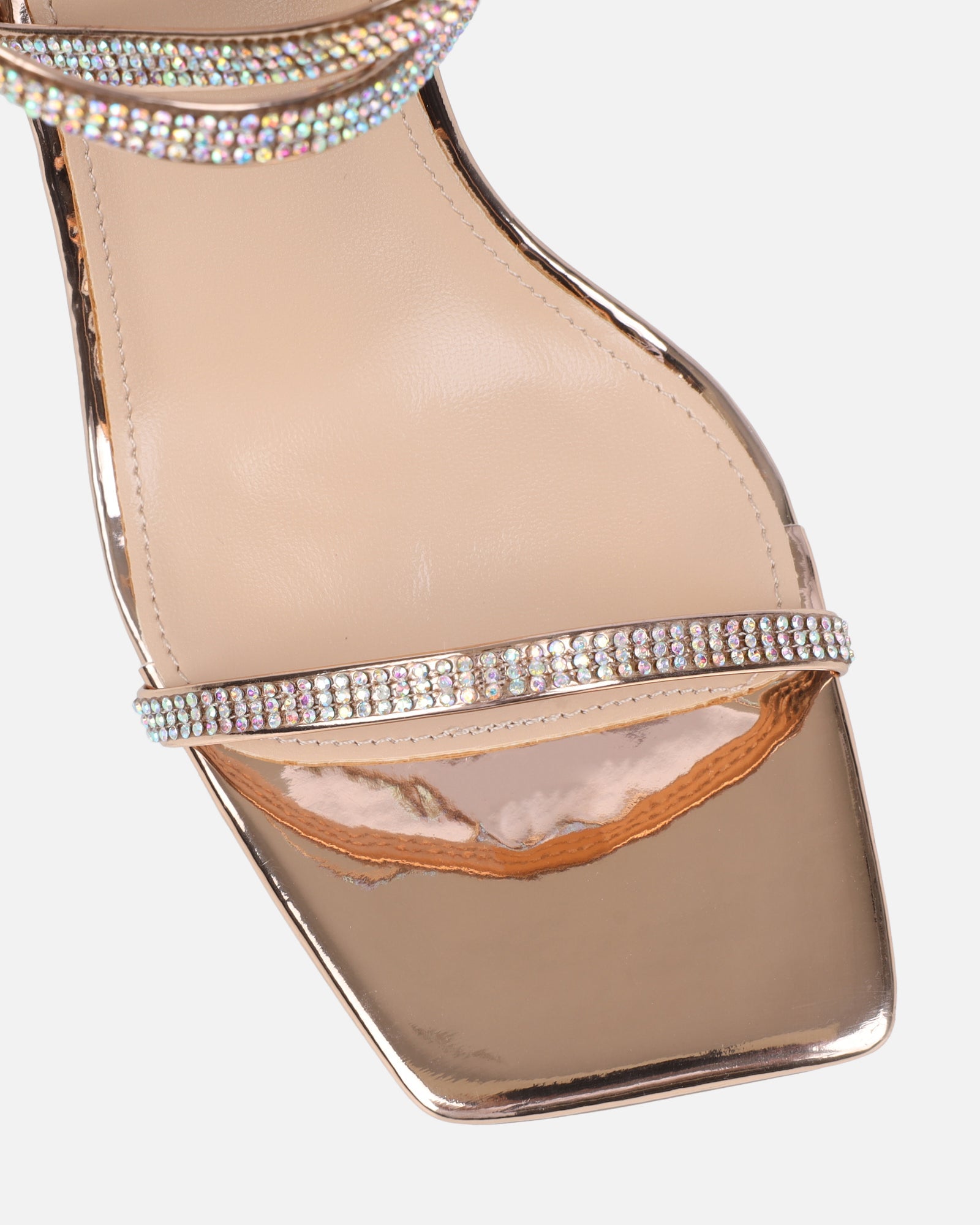 Laveen Rose Gold Mirror Diamante Tie Up Heeled Sandals