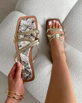 Amethyst Gold Faux Snake Effect Flat Sandals