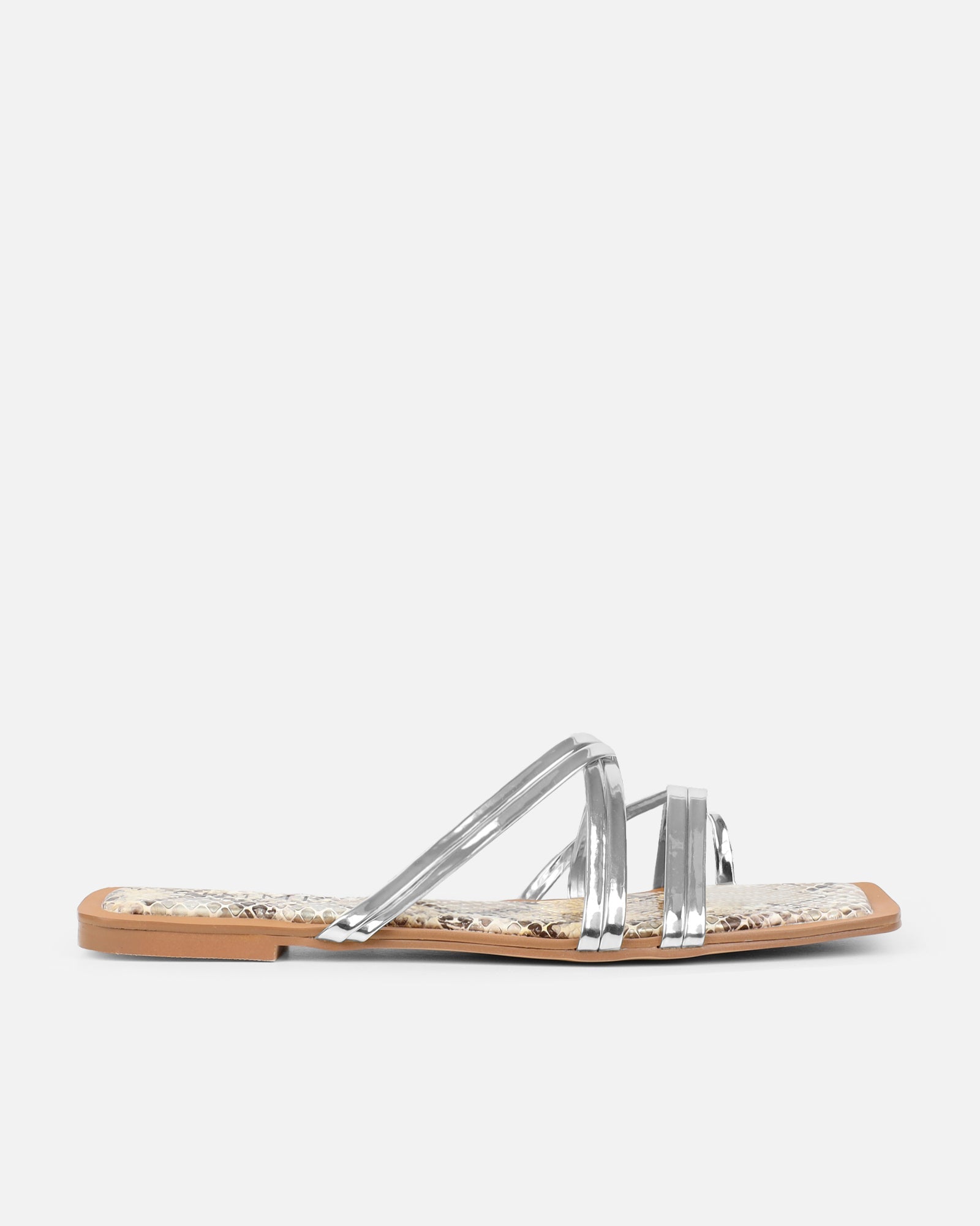 Amethyst Silver Faux Snake Effect Flat Sandals