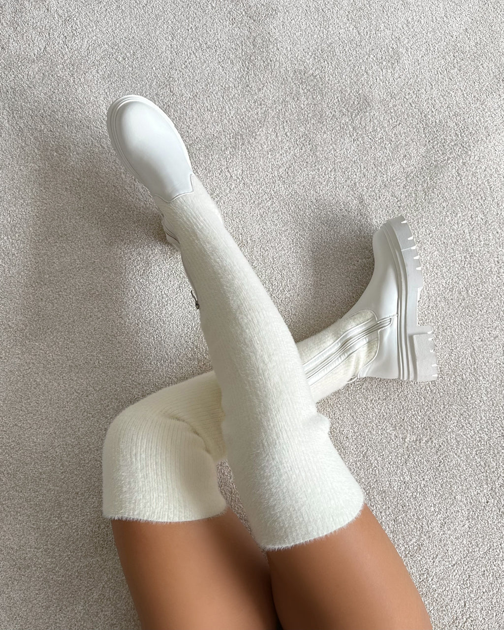 Stallone Cream Over The Knee Fluffy Sock Boots