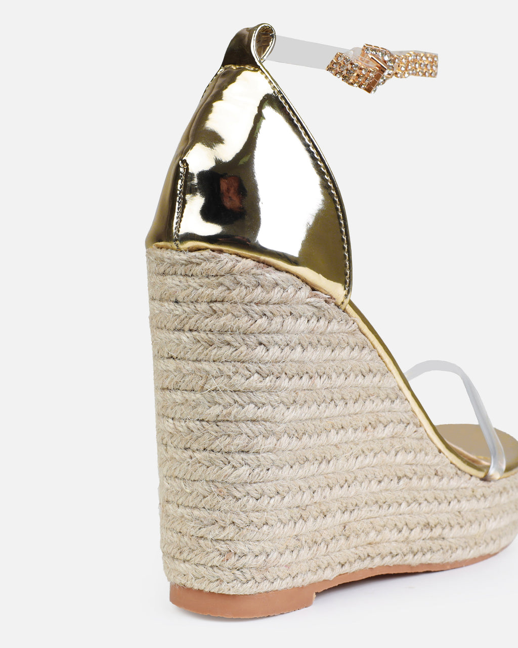 Tasha Ghouri Cove Gold Clear Diamante Wedges