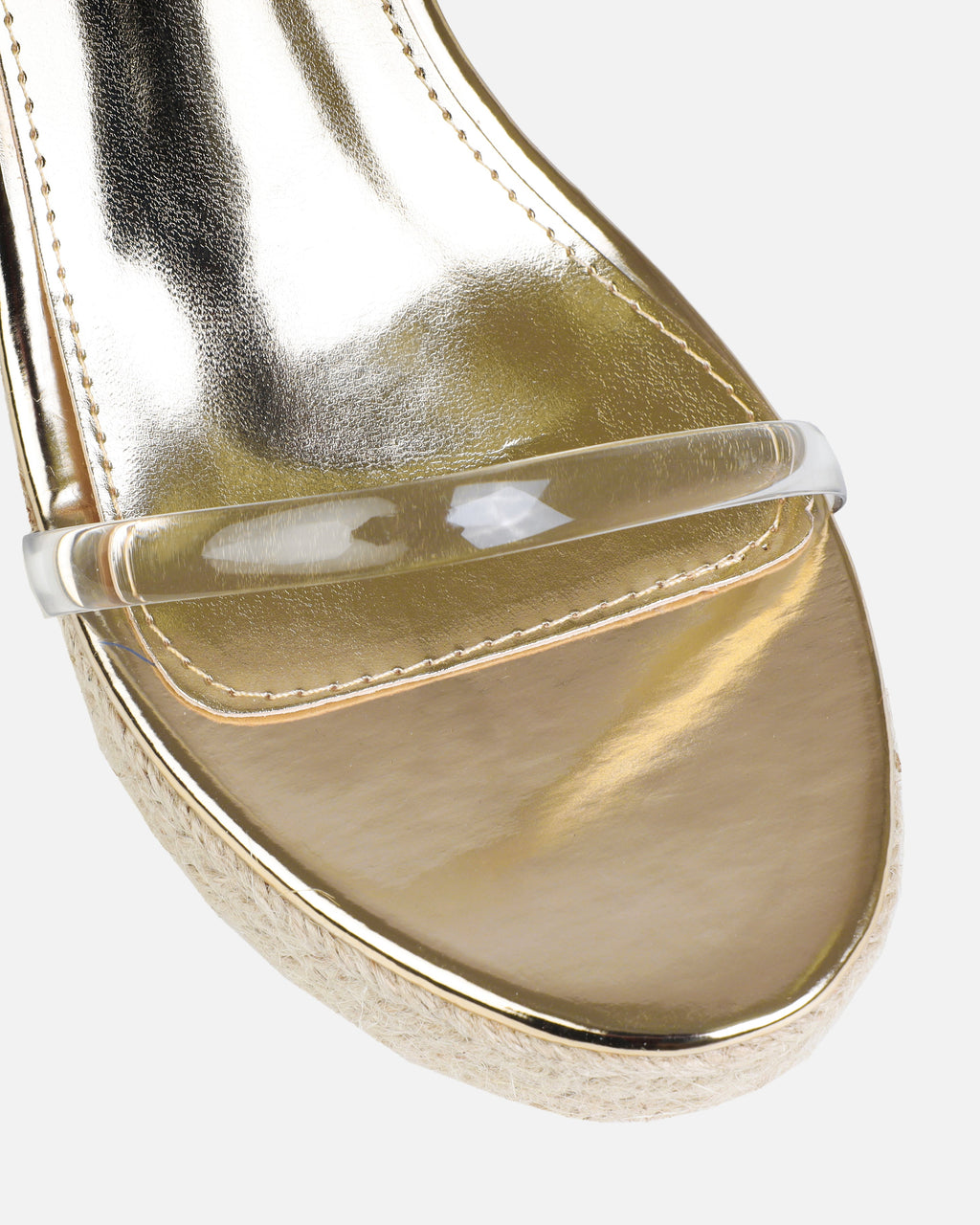 Tasha Ghouri Cove Gold Clear Diamante Wedges