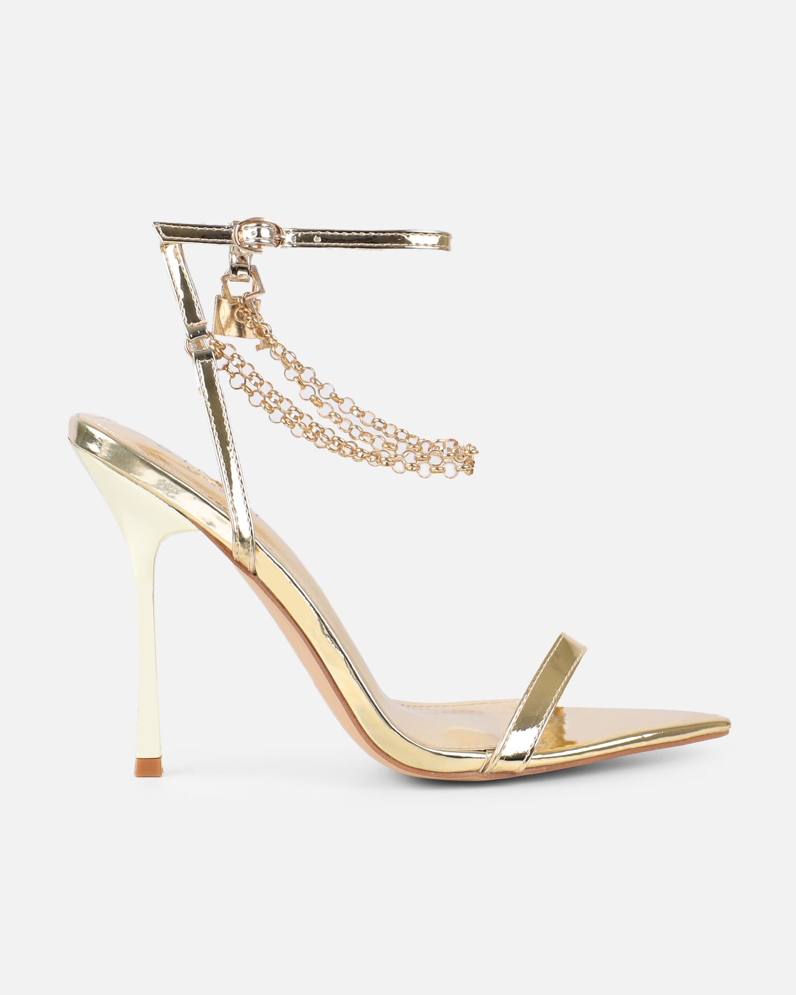 Dafni Gold Mirror Padlock Detail Heeled Sandals