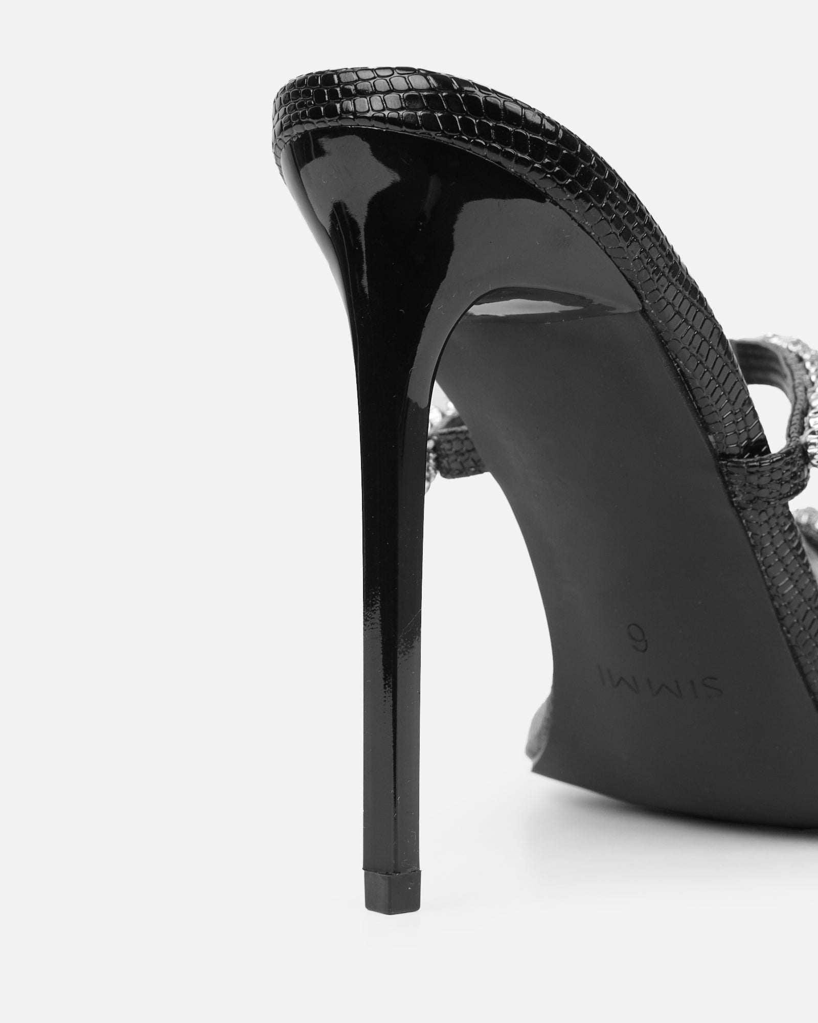 Daizy Black Snake Effect Diamante Heeled Sandals