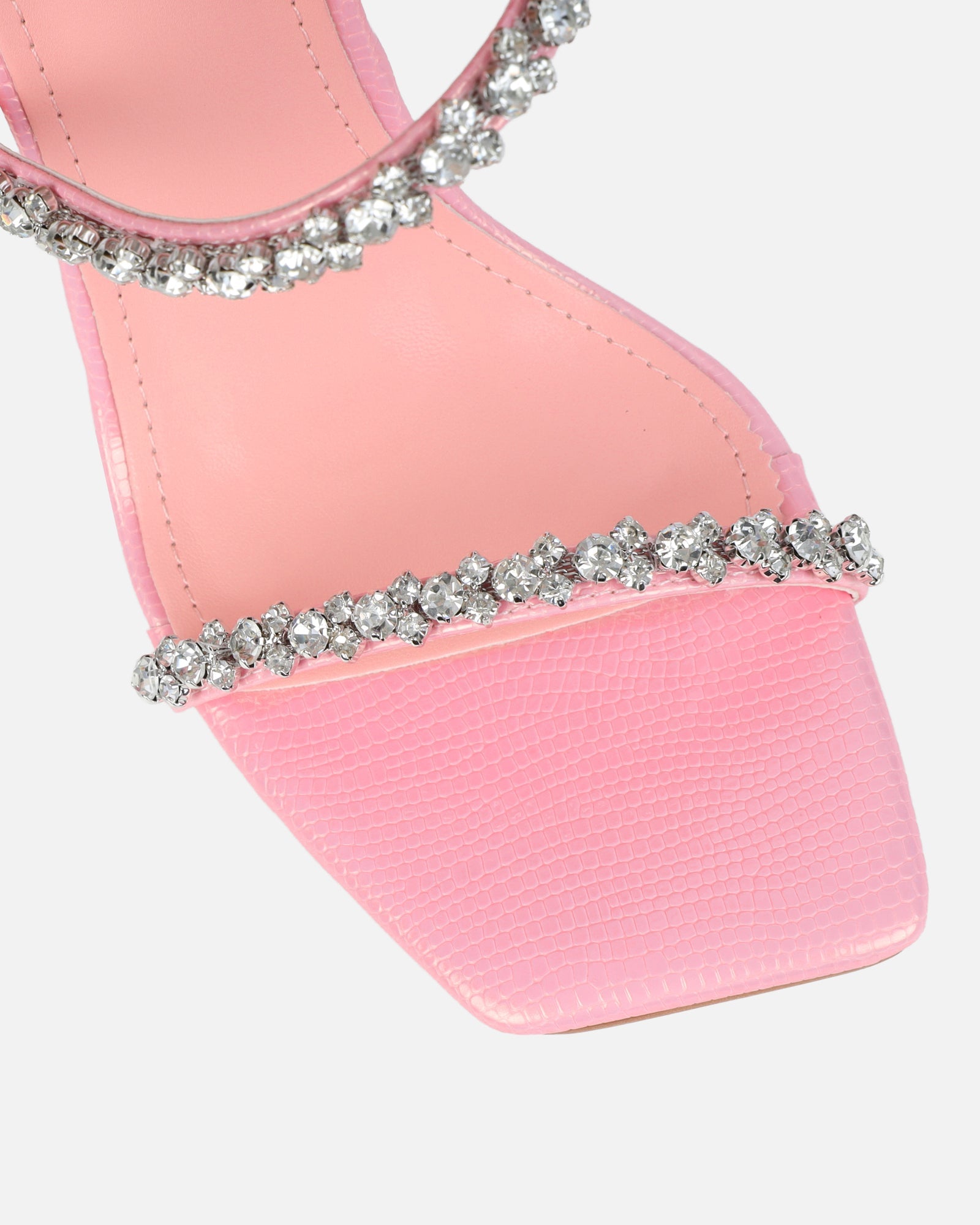 Daizy Pink Snake Effect Diamante Heeled Sandals