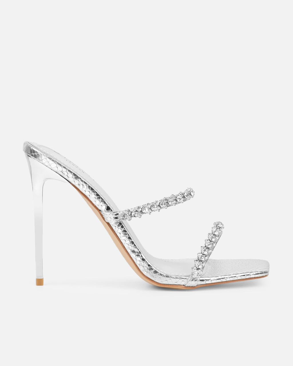 Daizy Silver Snake Effect Diamante Heeled Sandals