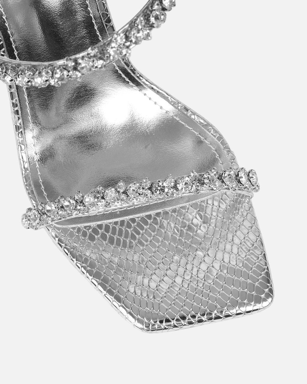 Daizy Silver Snake Effect Diamante Heeled Sandals