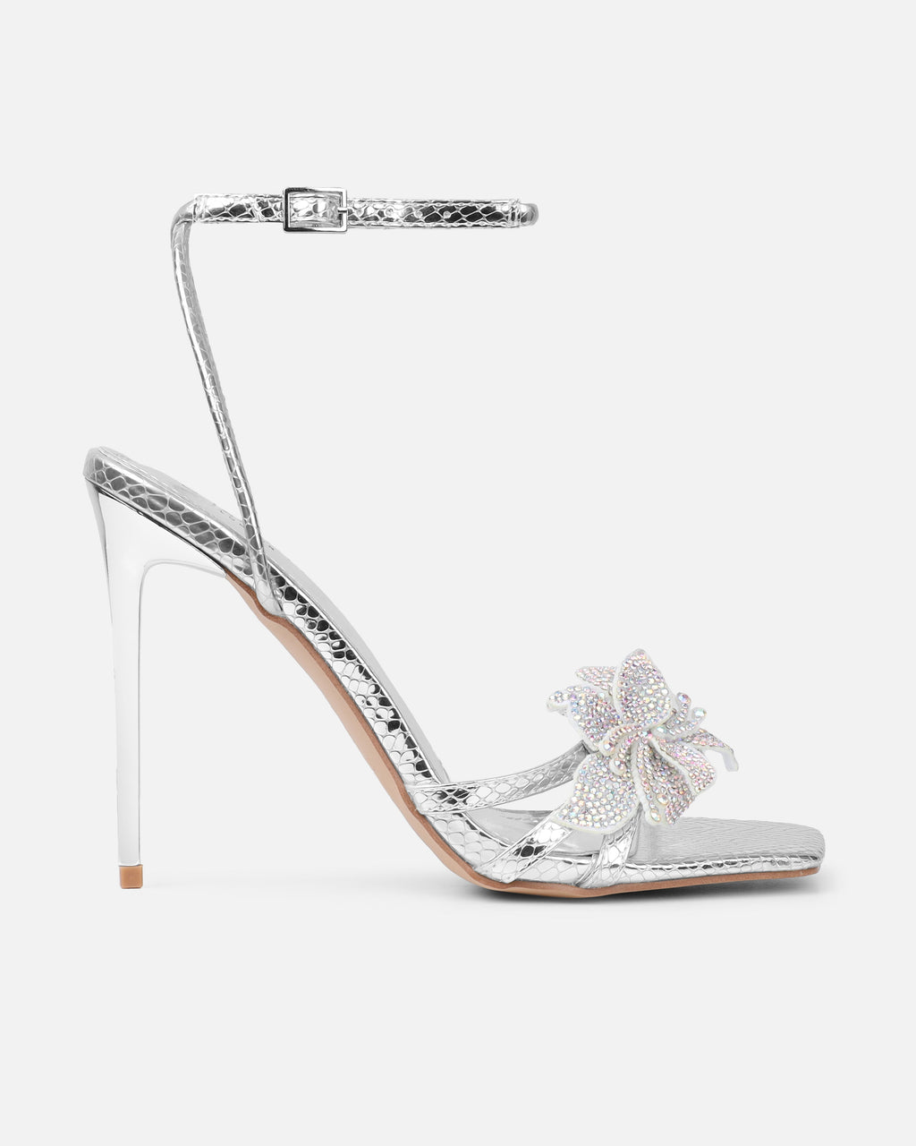 Delores Silver Mirror Snake Flower Heeled Sandals