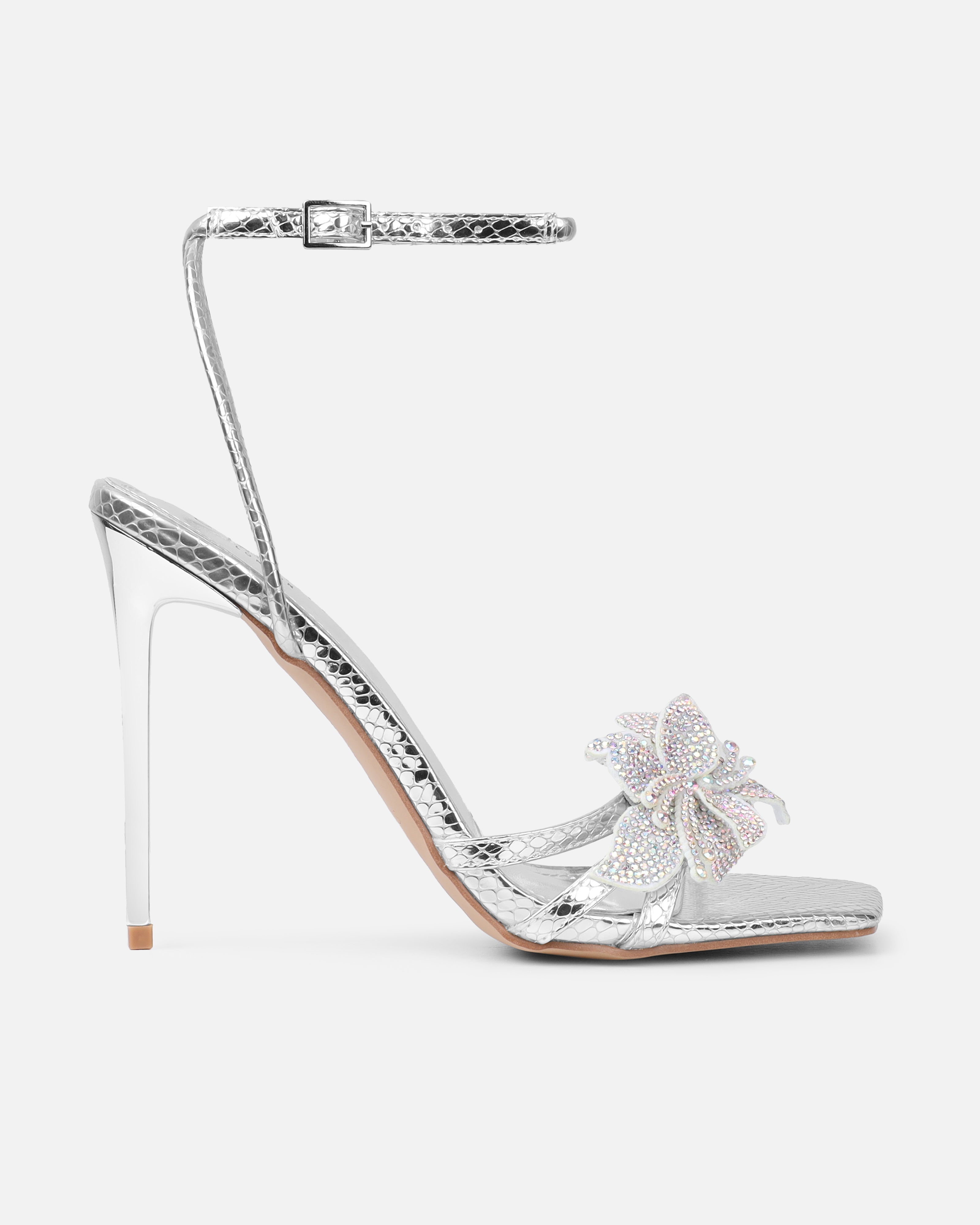 Delores Silver Mirror Snake Flower Heeled Sandals