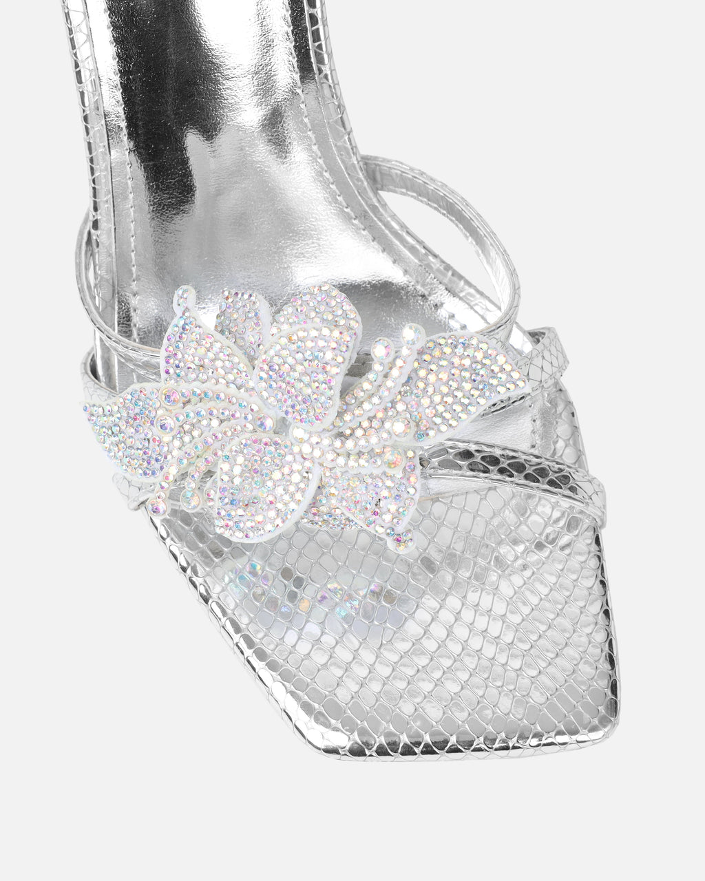 Delores Silver Mirror Snake Flower Heeled Sandals