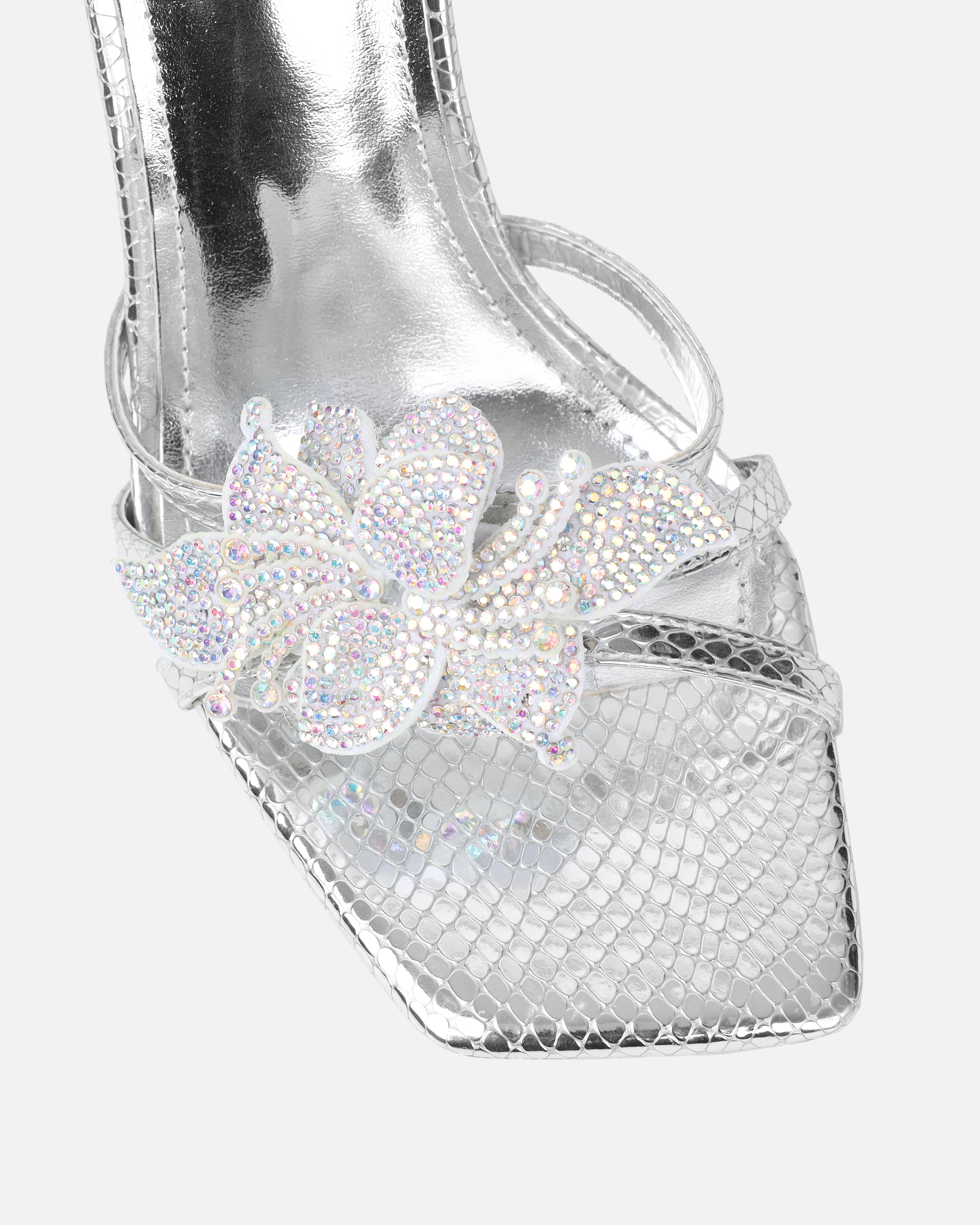 Delores Silver Mirror Snake Flower Heeled Sandals