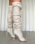 Dakira Beige Woven Over The Knee Open Toe Boots