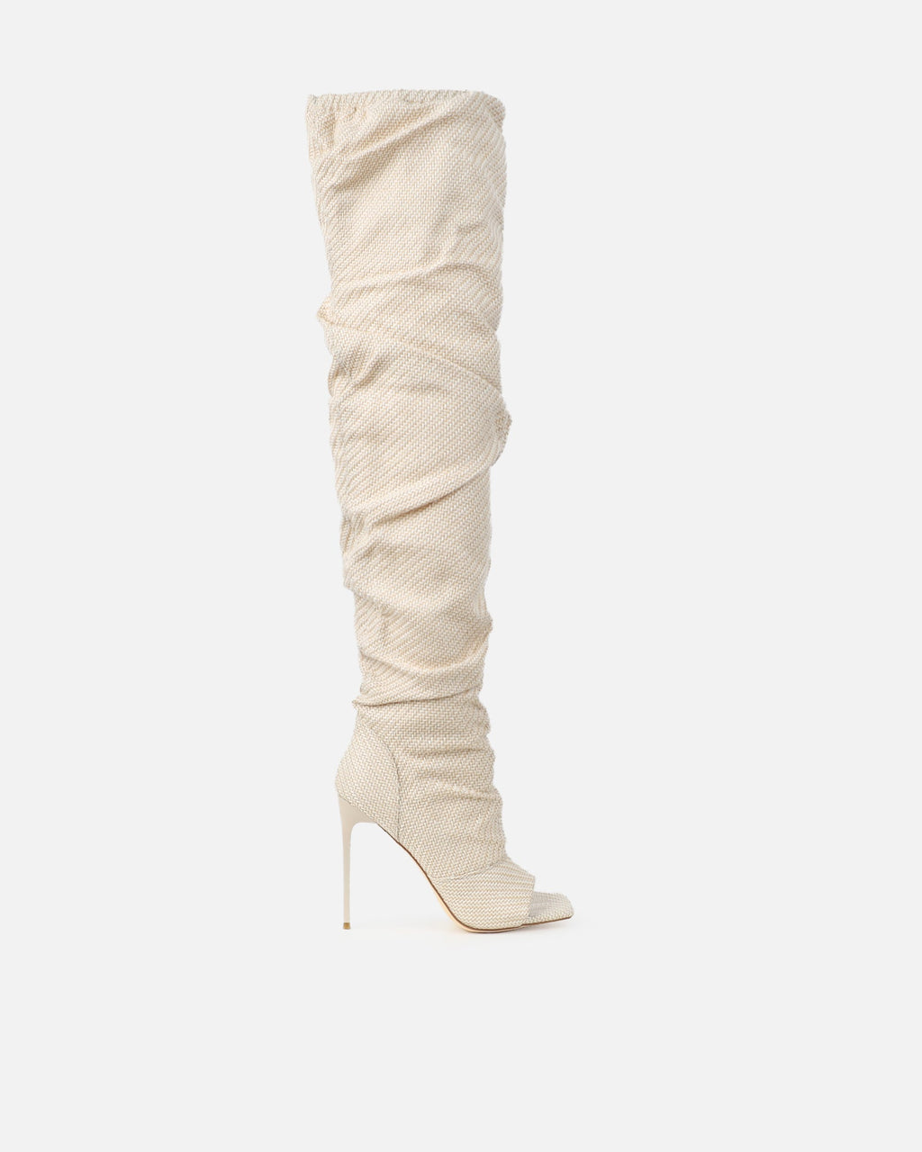 Dakira Beige Woven Over The Knee Open Toe Boots