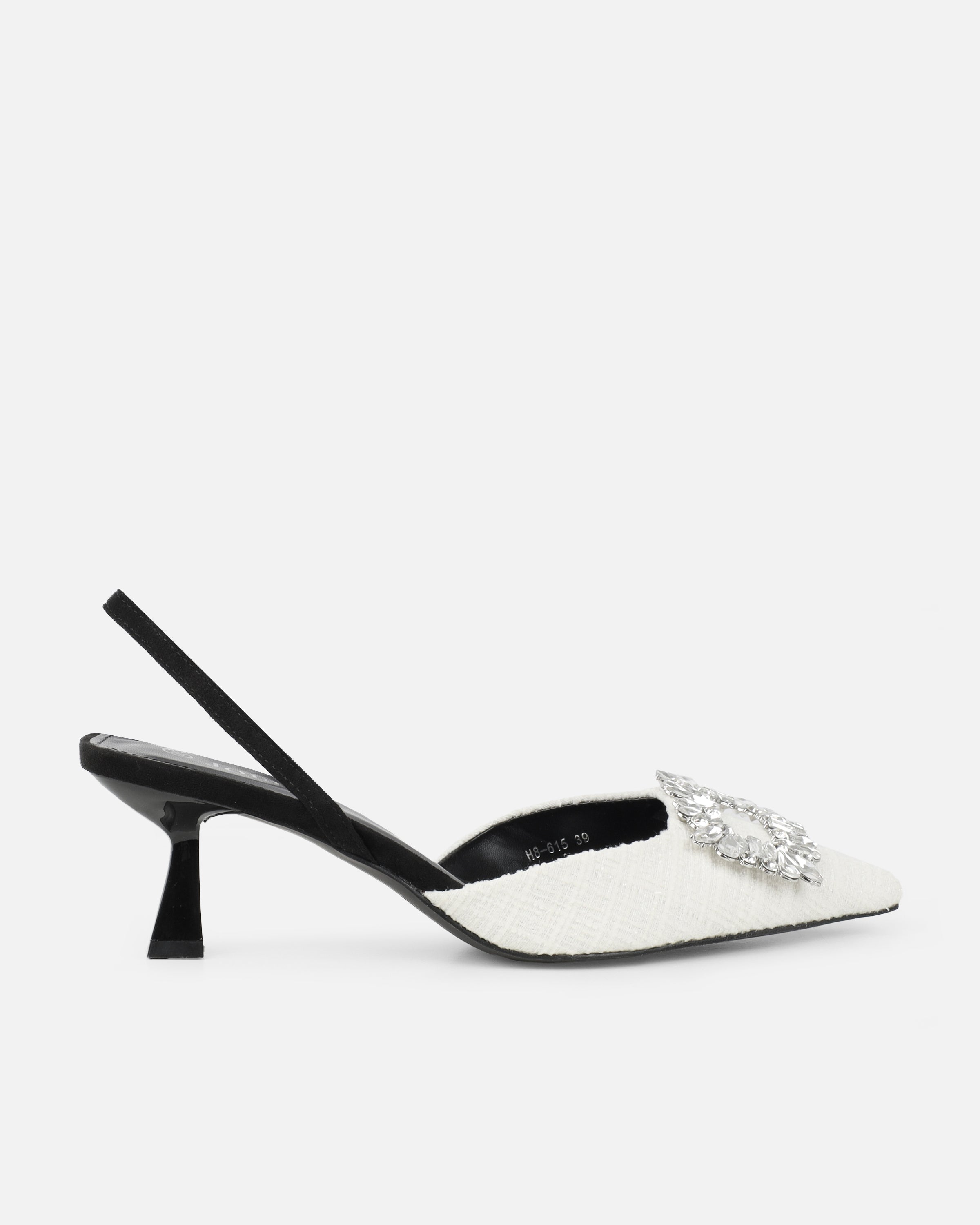 Dalary White Boucle Diamante Low Court Heeled Shoes