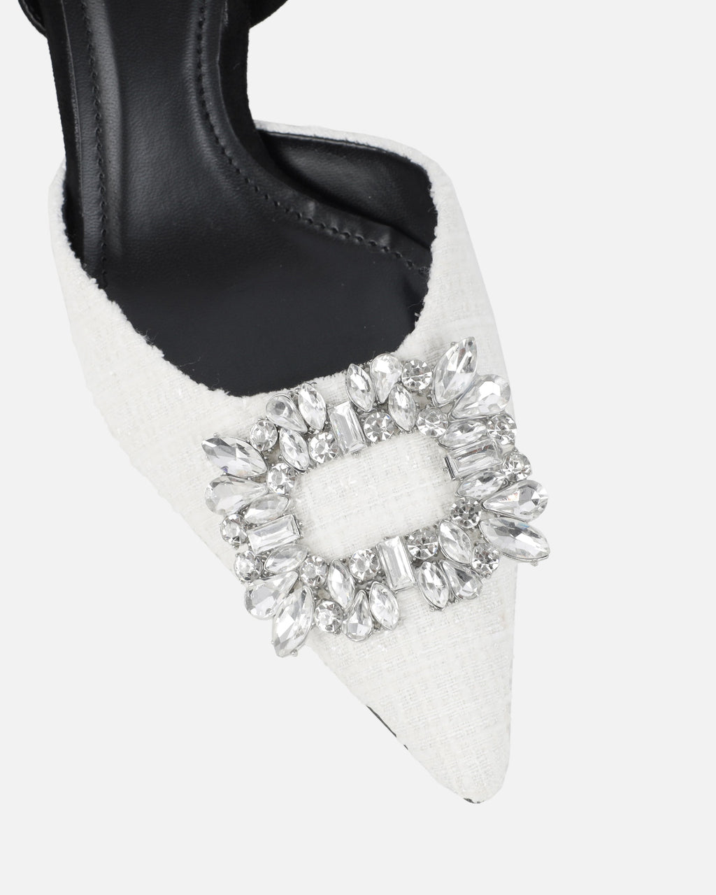 Dalary White Boucle Diamante Low Court Heeled Shoes