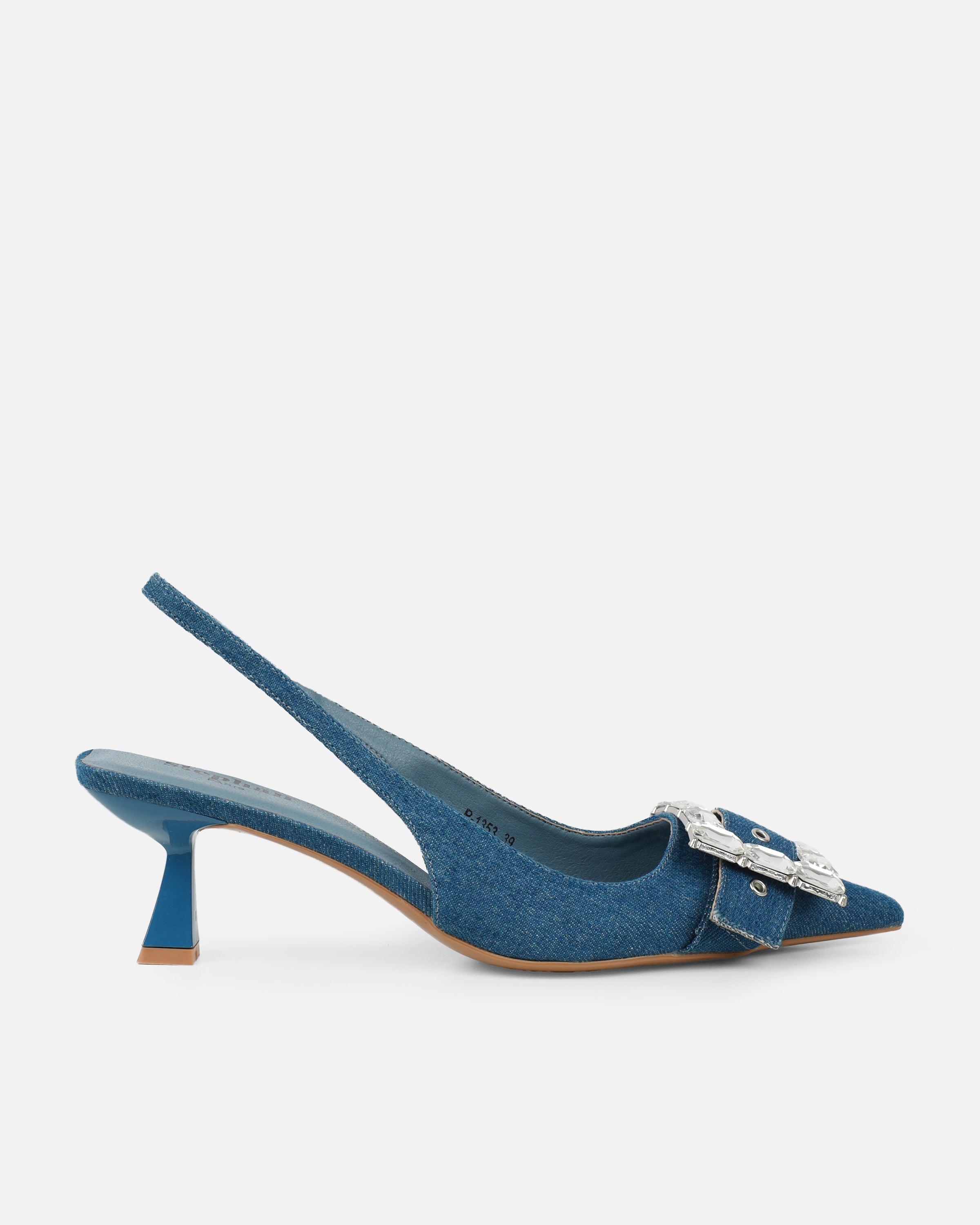 Ardenne Blue Denim Diamante Low Court Heeled Shoes