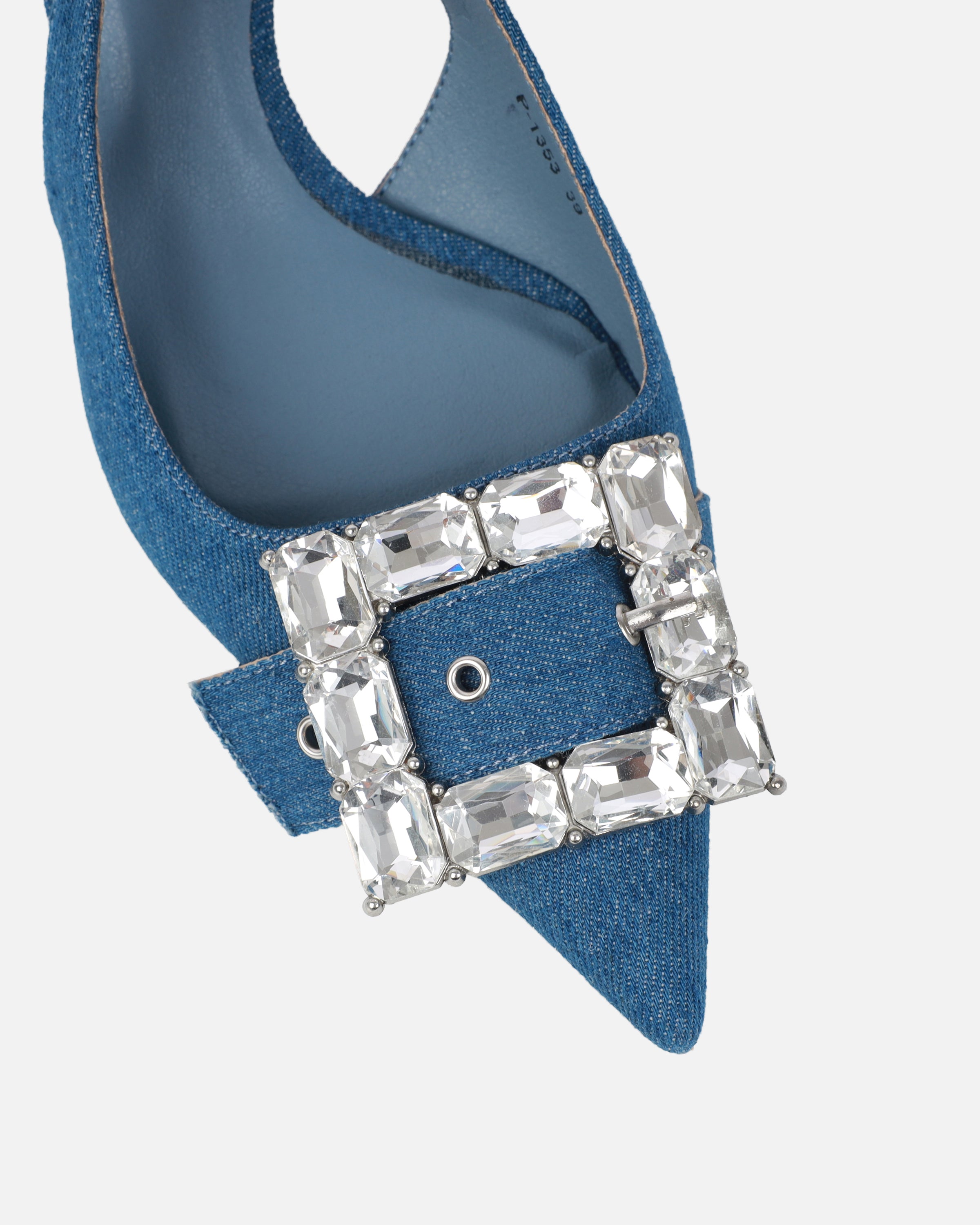 Ardenne Blue Denim Diamante Low Court Heeled Shoes