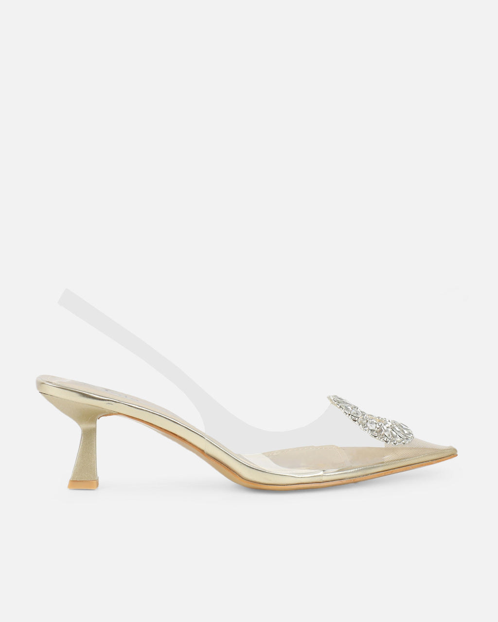 Racquel Clear Gold Diamante Mid Heel Courts