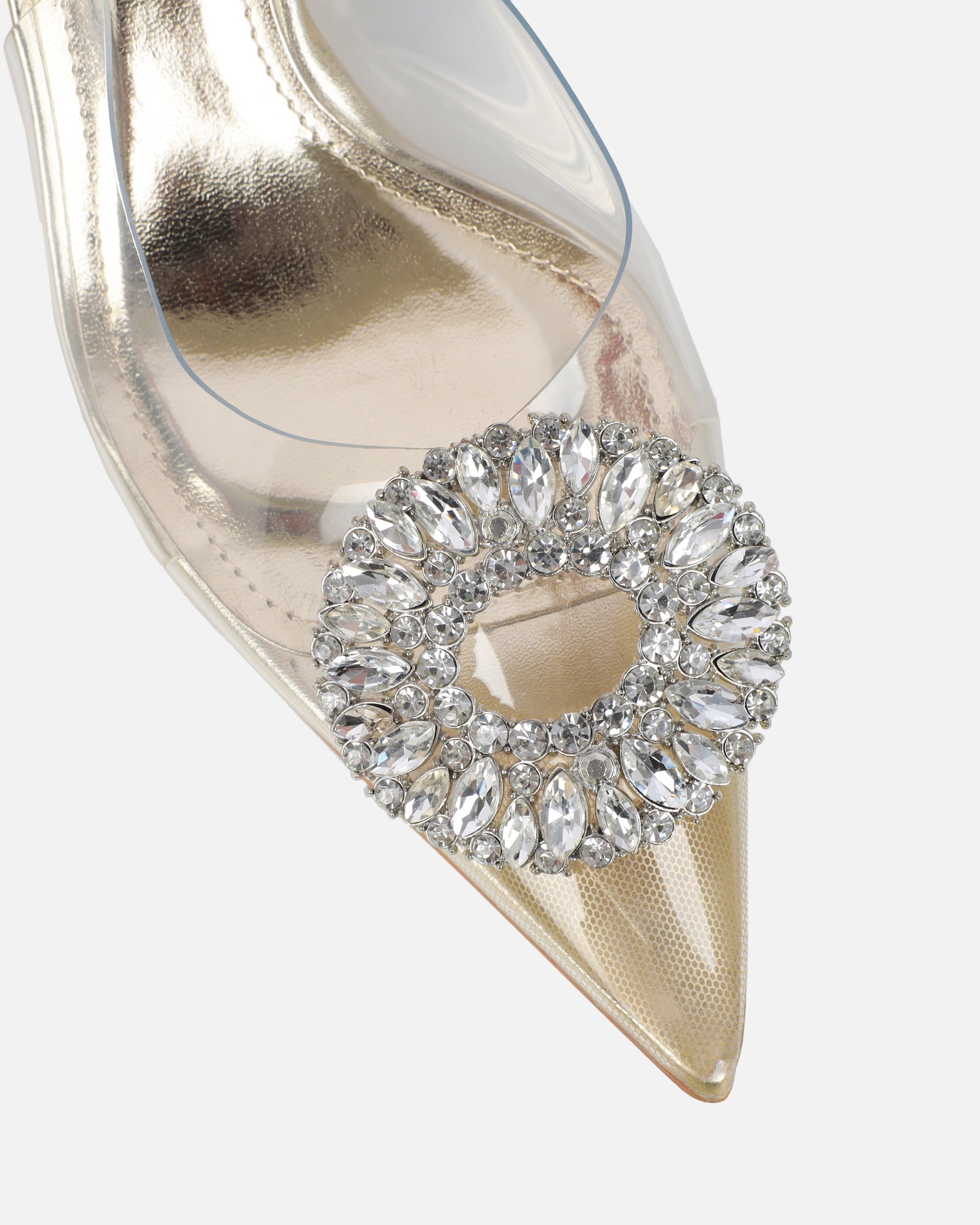 Racquel Clear Gold Diamante Mid Heel Courts