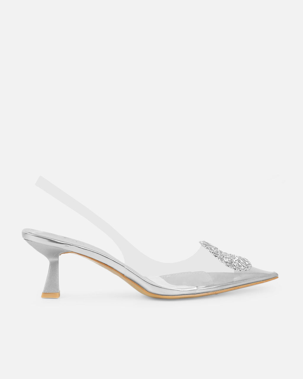 Racquel Clear Silver Diamante Mid Heel Courts