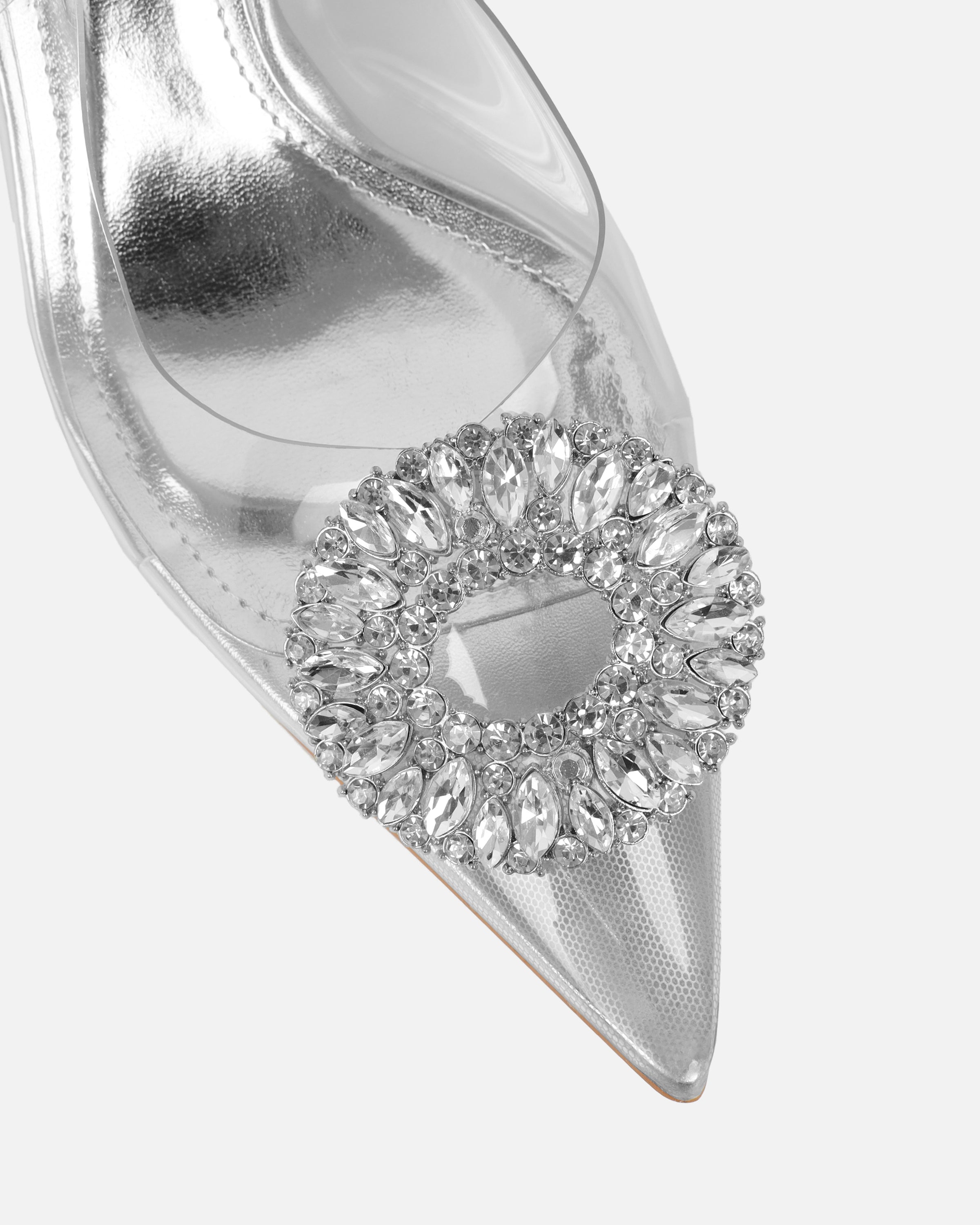 Racquel Clear Silver Diamante Mid Heel Courts