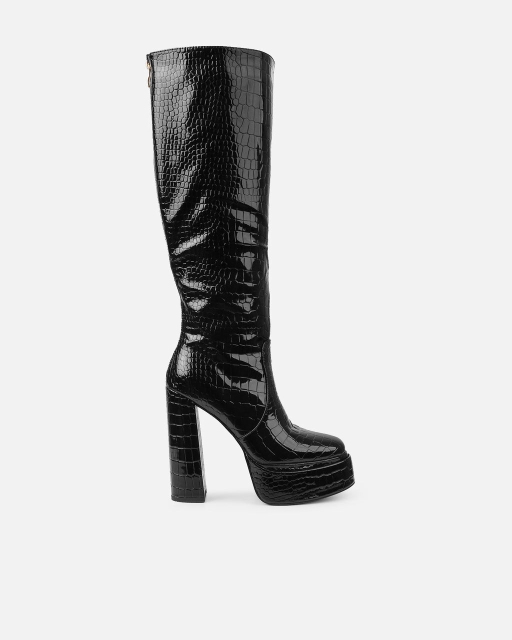 Dallis Black Patent Faux Croc Platform Knee High Boots