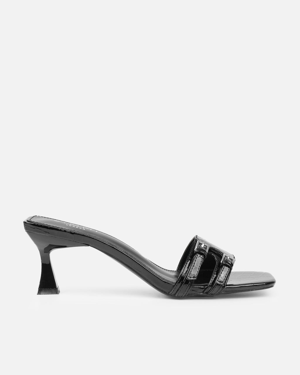 Dallyn Black Faux Croc Mule Heeled Sandals