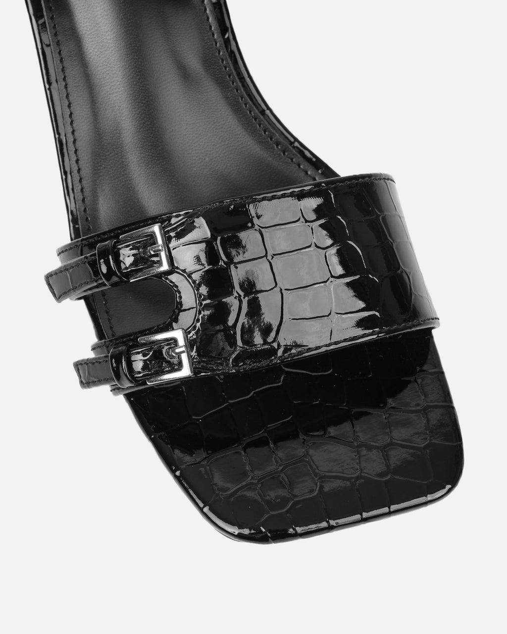 Dallyn Black Faux Croc Mule Heeled Sandals
