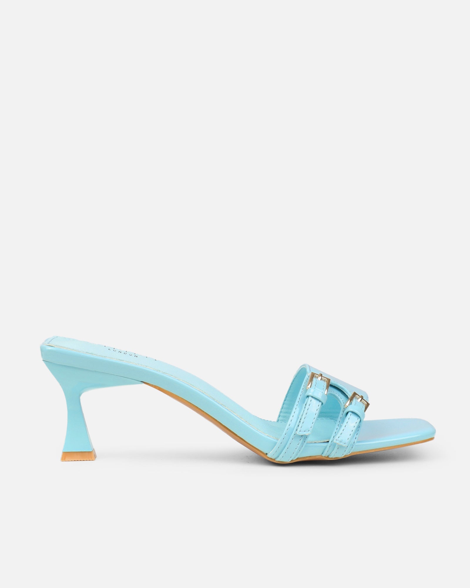 Dallyn Blue Patent Mule Heeled Sandals