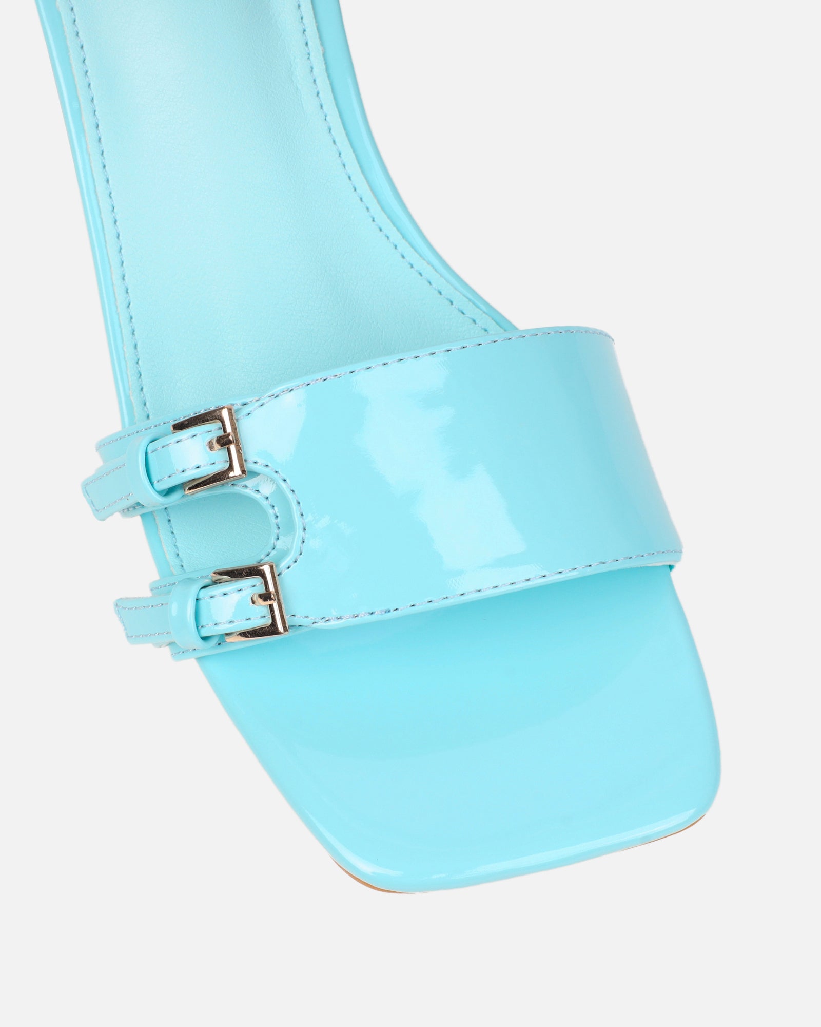 Dallyn Blue Patent Mule Heeled Sandals