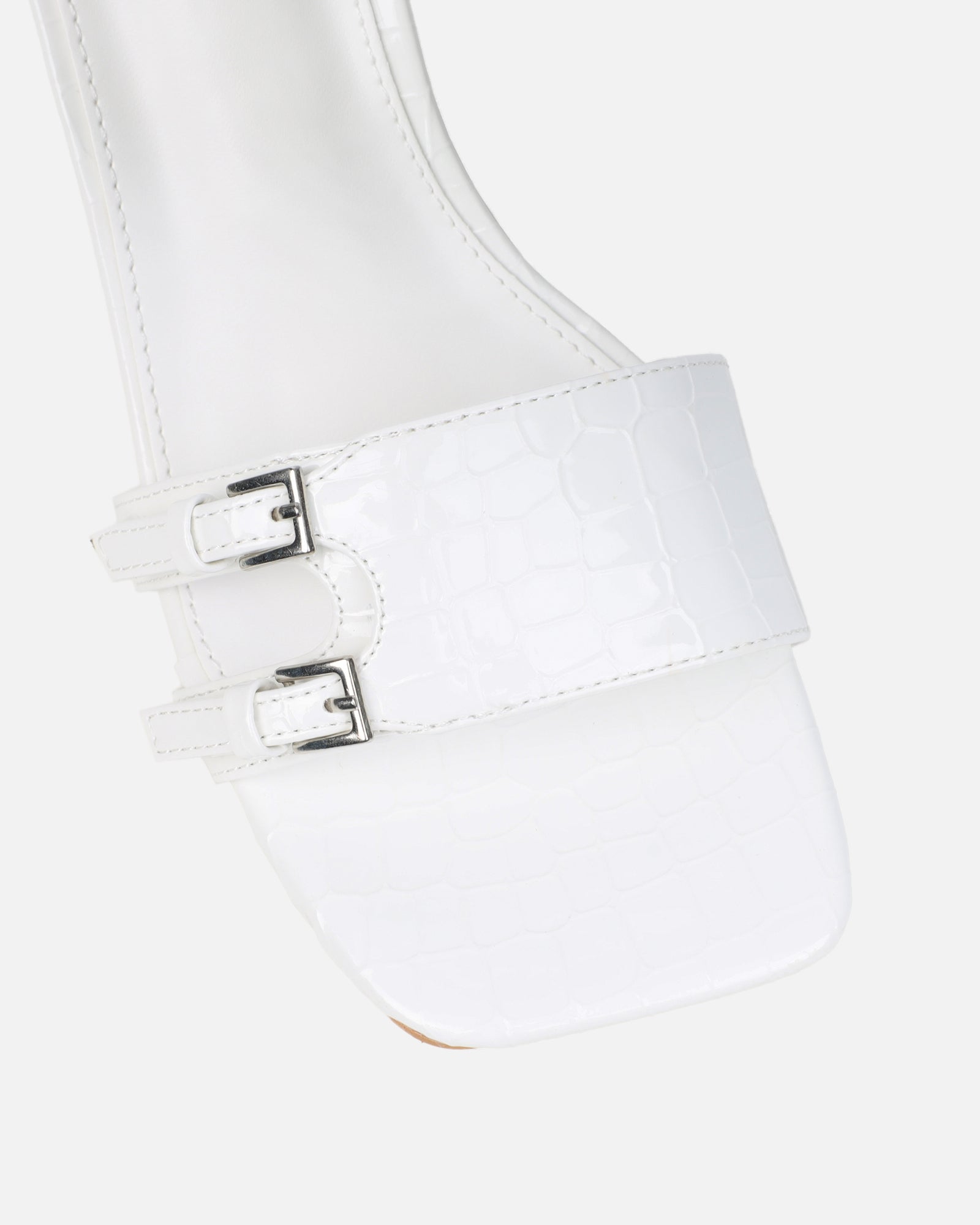 Dallyn White Faux Croc Mule Heeled Sandals