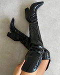 Gianni Black Patent Faux Croc Thigh High Western Boots