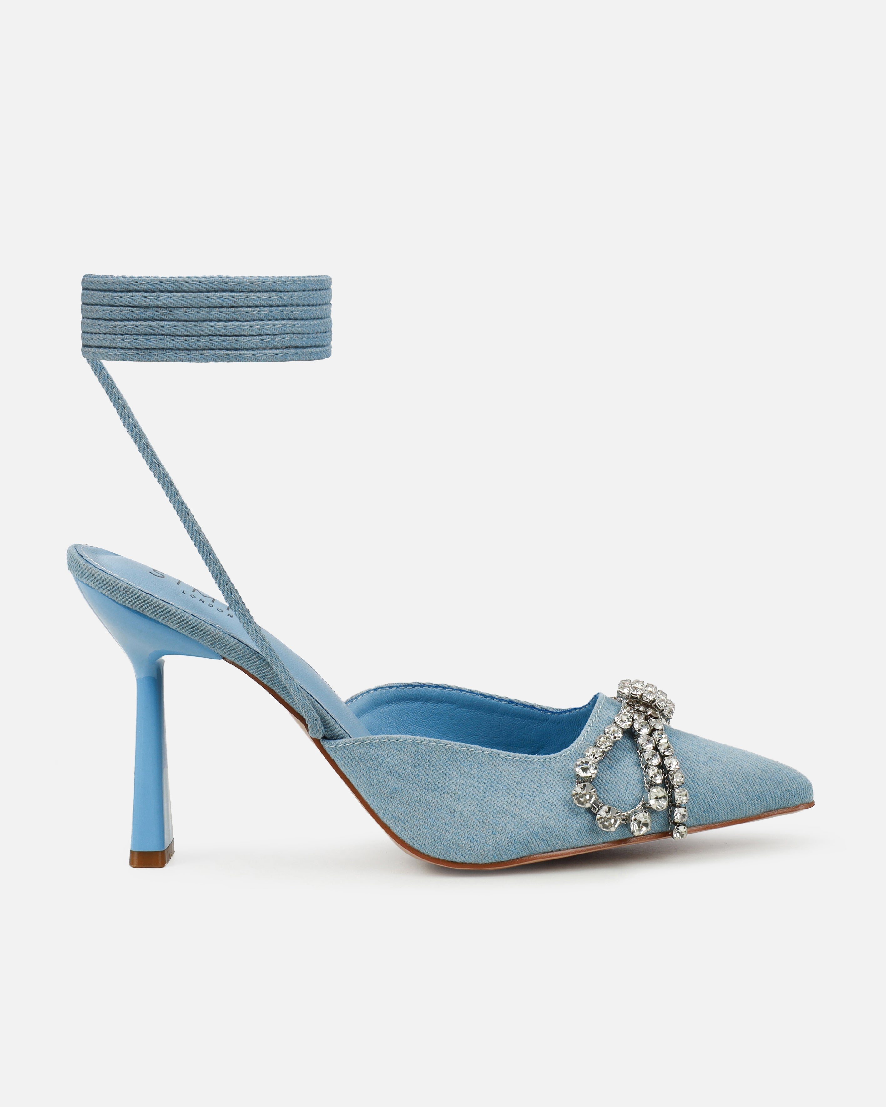 Davina Blue Denim Diamante Bow Lace Up Court Shoes