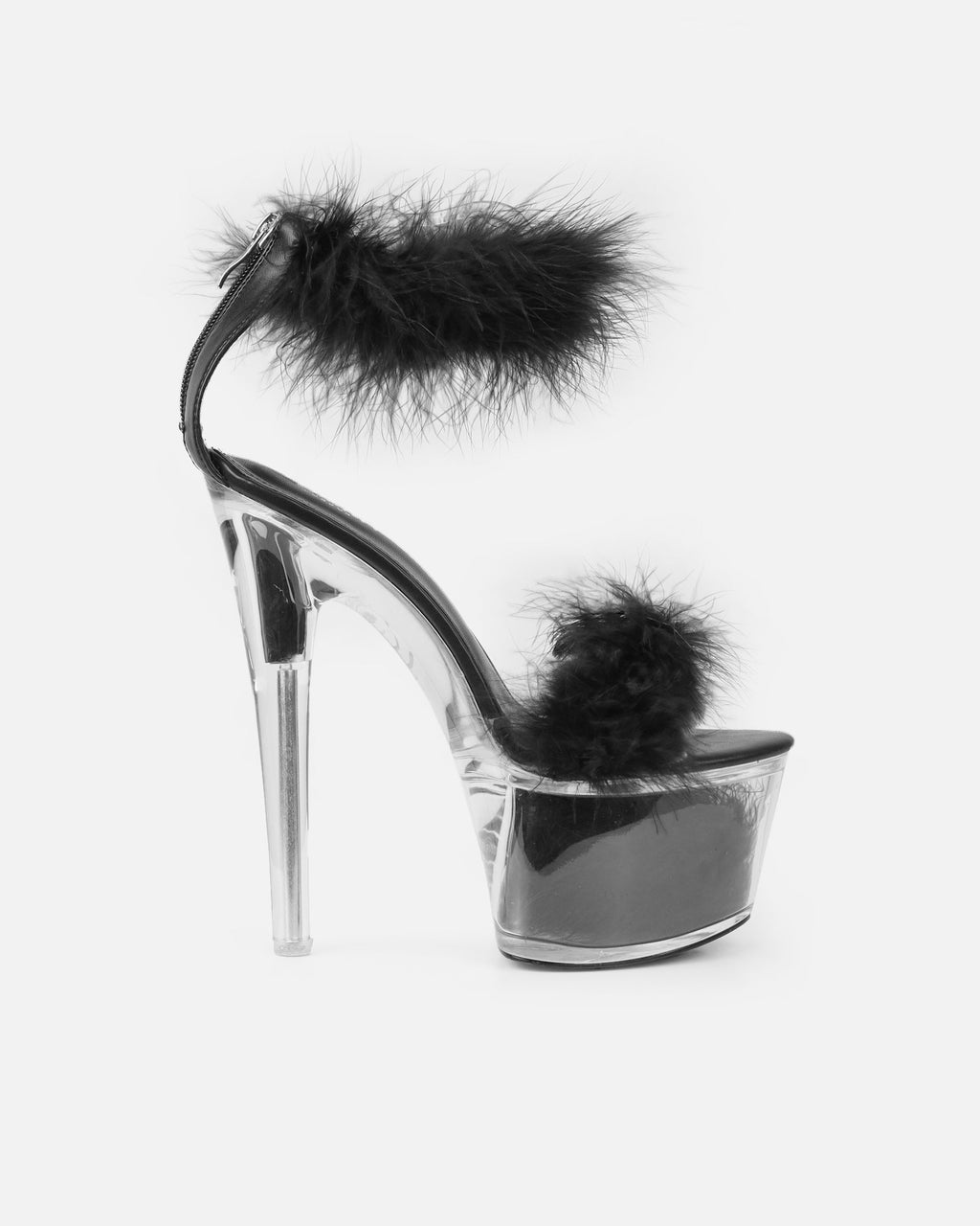 Diva Black Clear Platform Fluffy Heeled Sandals
