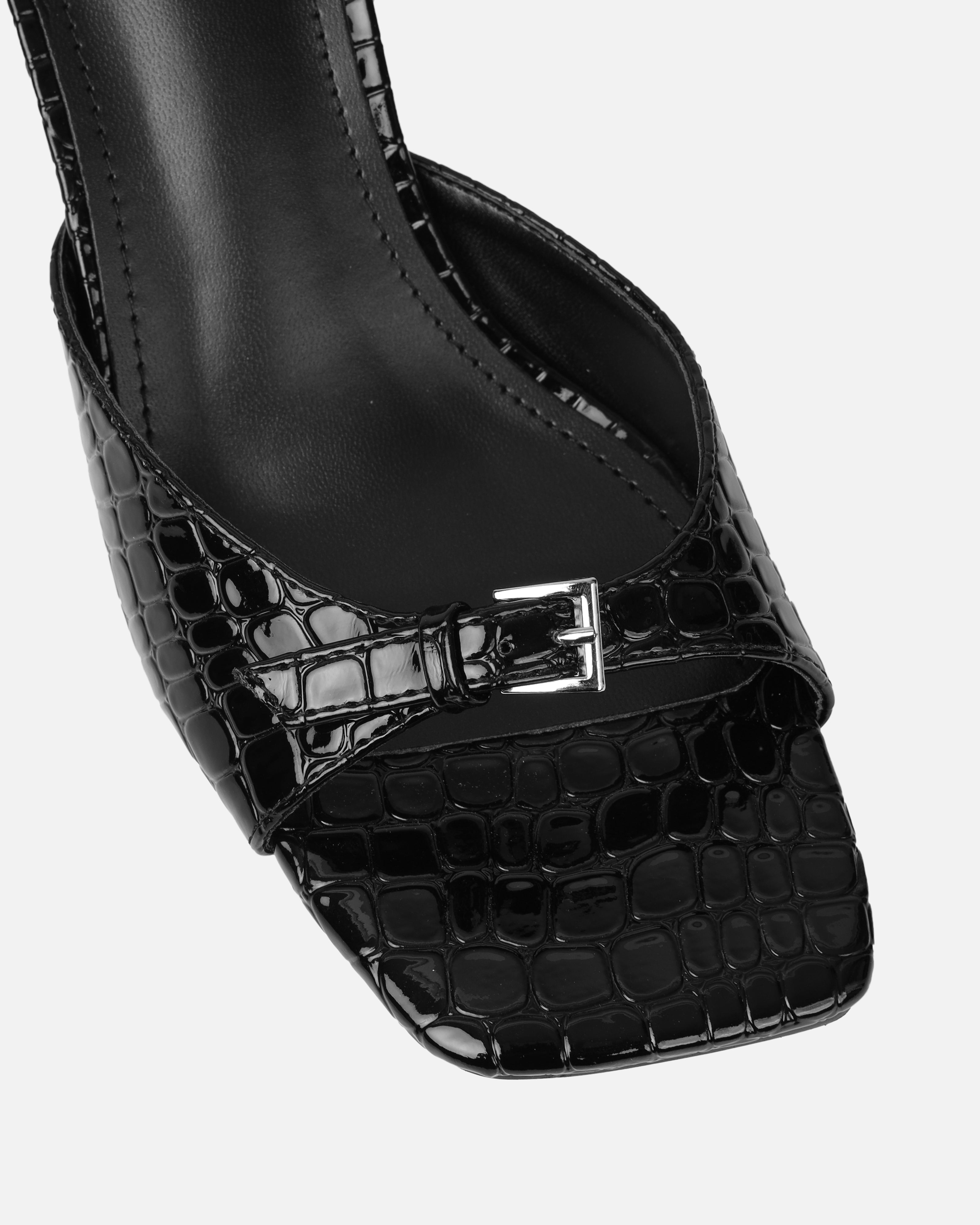 Dotty Black Croc Effect Low Heeled Mules