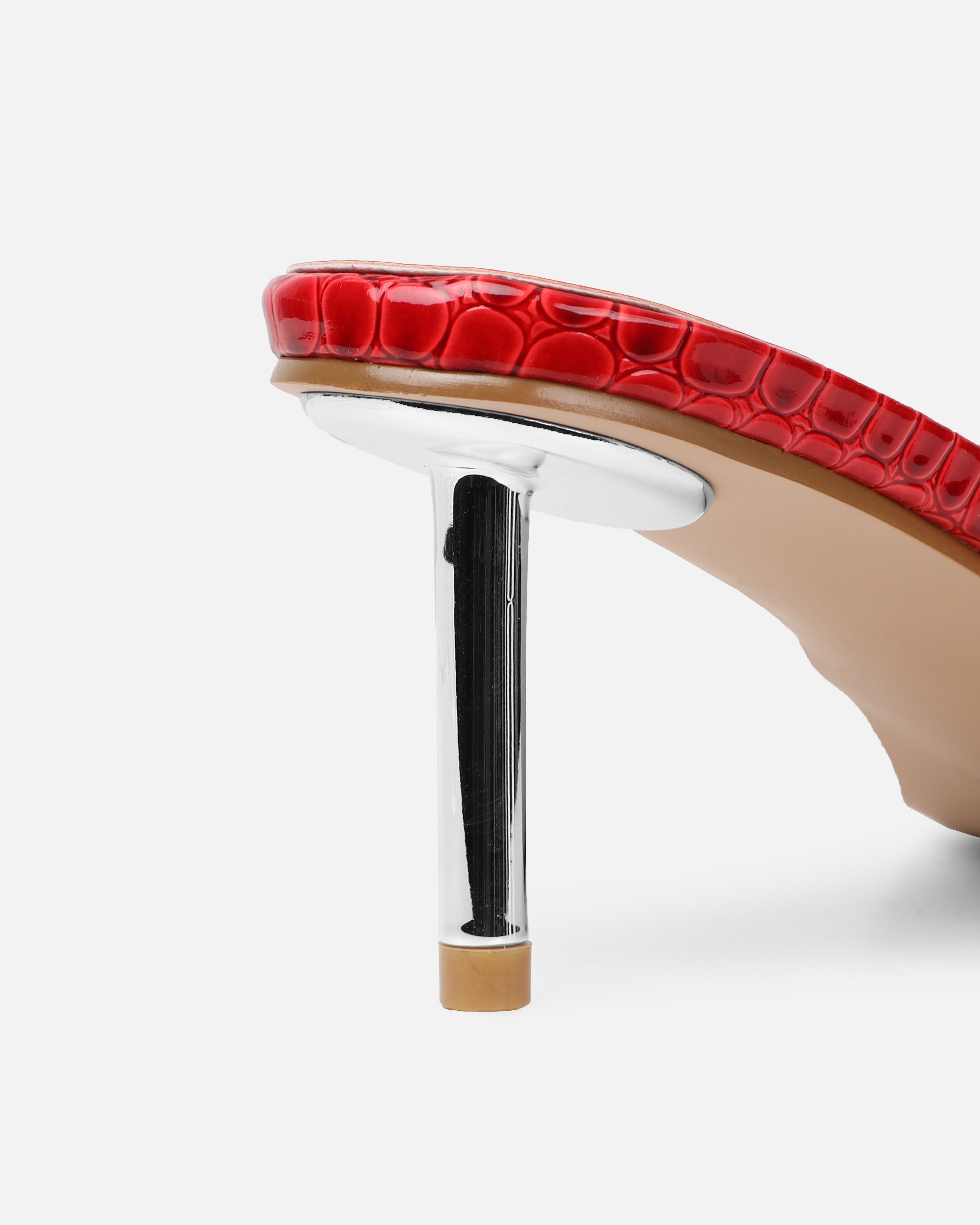 Dotty Red Croc Effect Low Heeled Mules