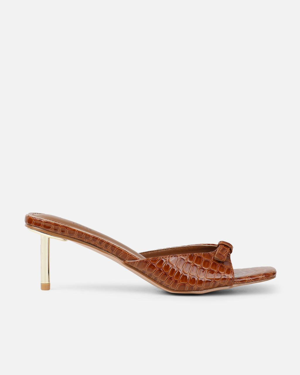 Dotty Tan Croc Effect Low Heeled Mules