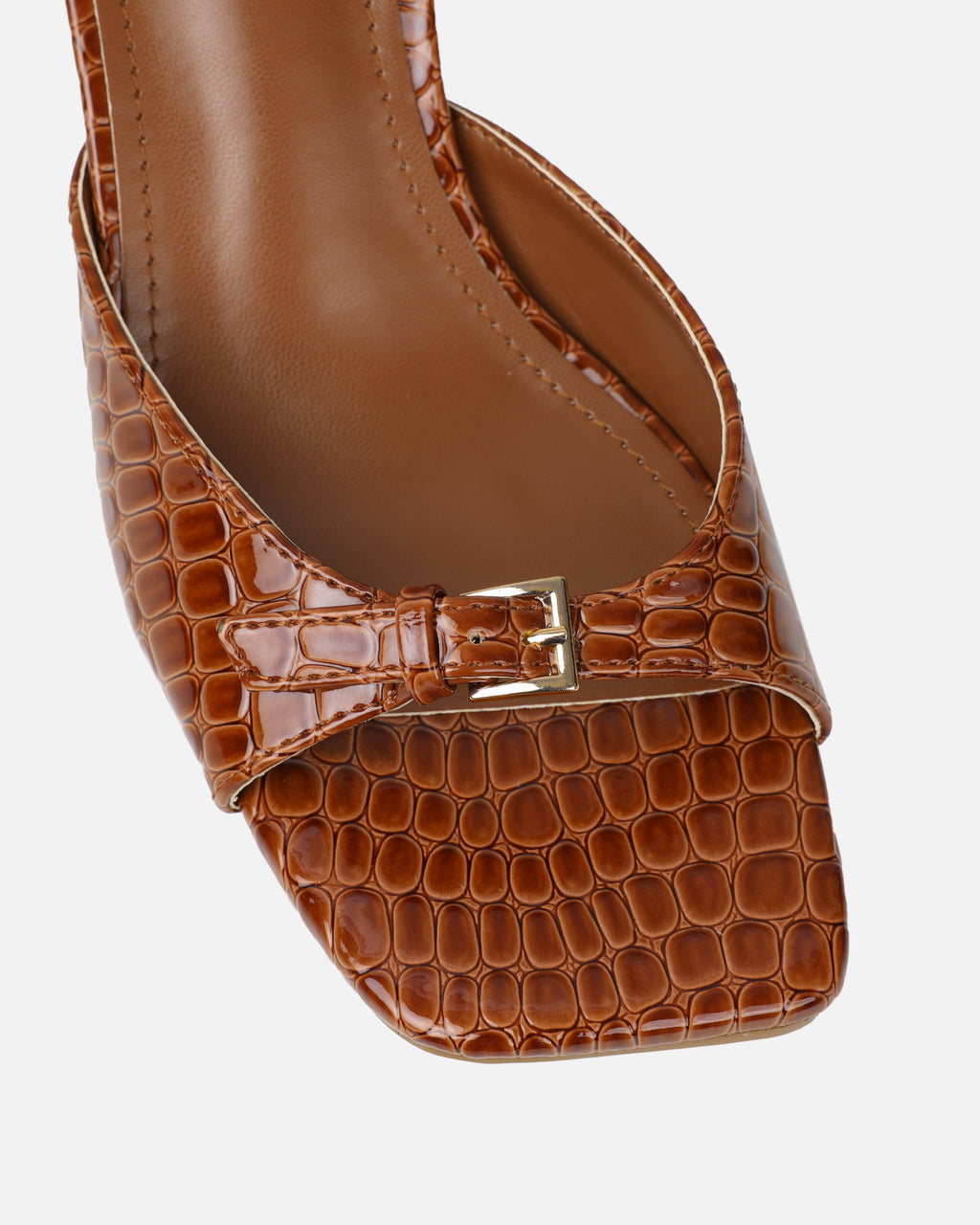 Dotty Tan Croc Effect Low Heeled Mules
