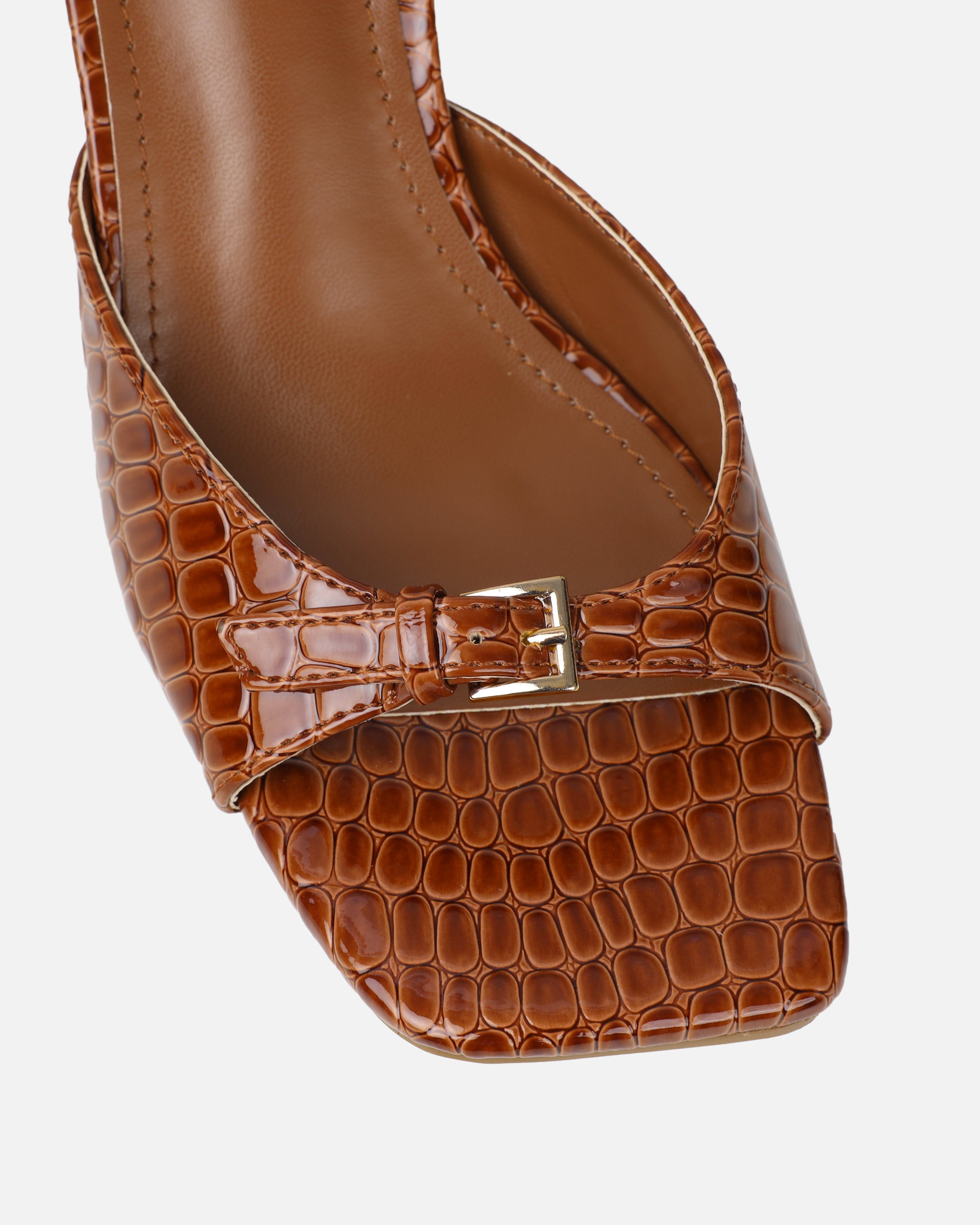 Dotty Tan Croc Effect Low Heeled Mules