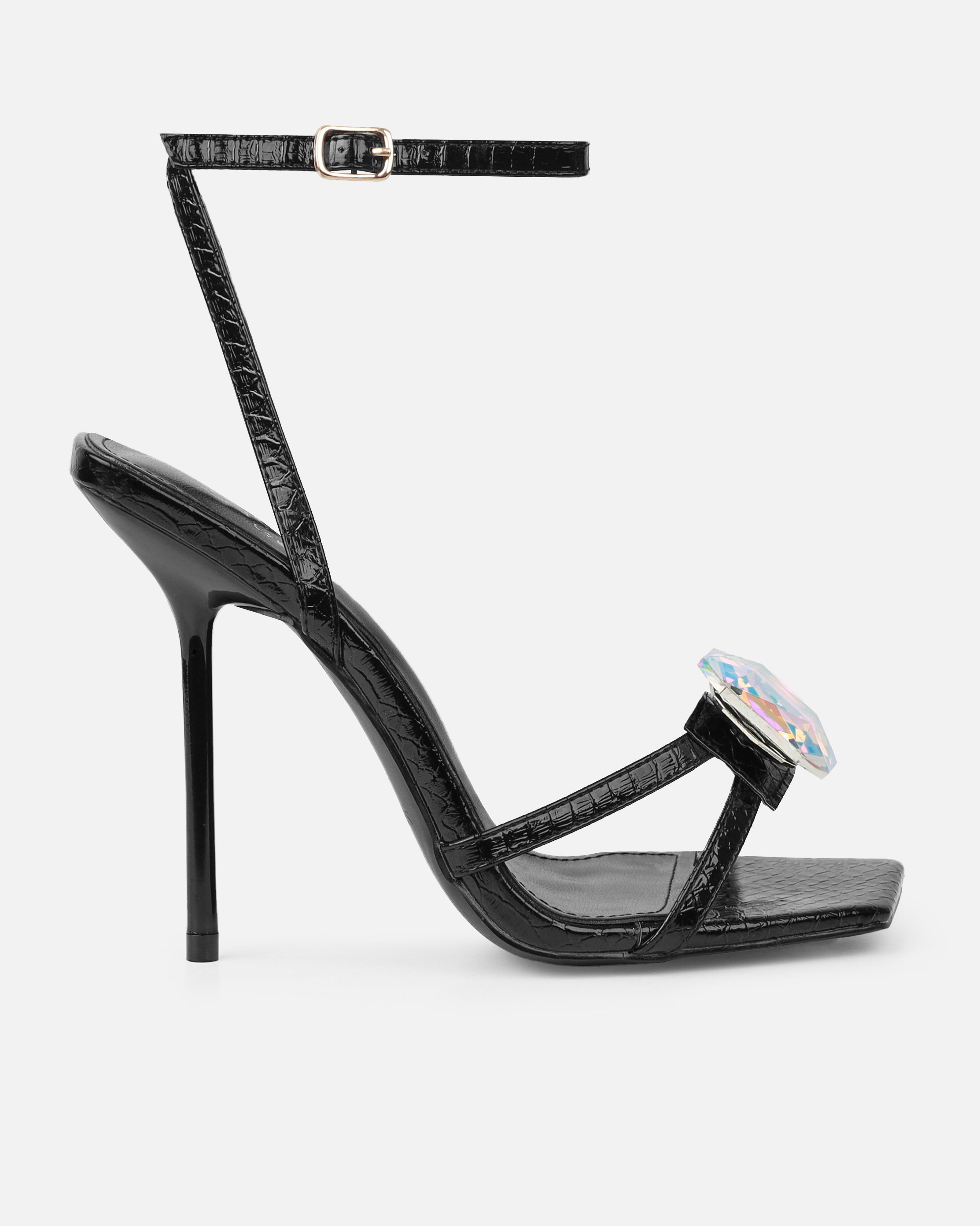Dovie Black Faux Snake Print Gem Heels