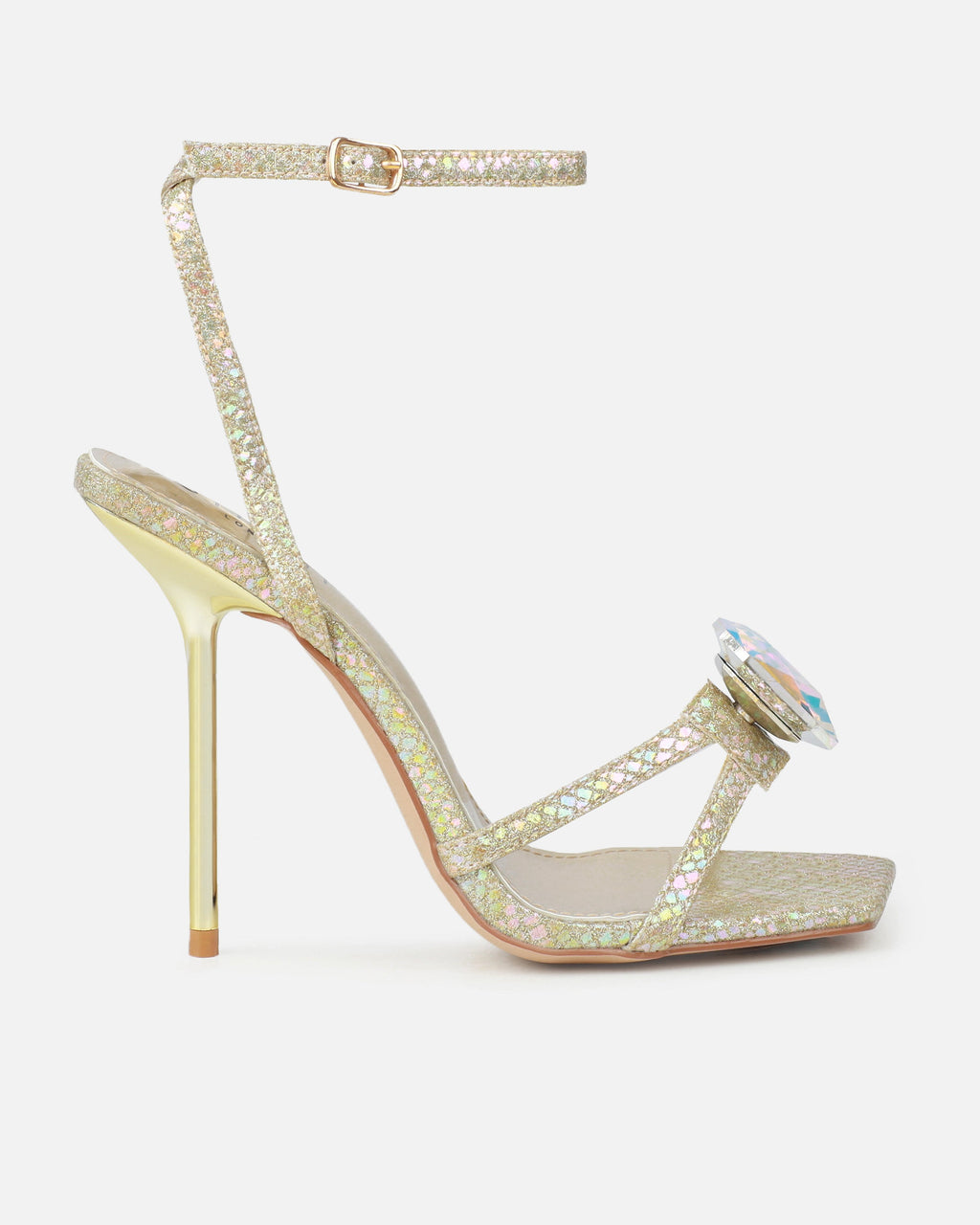 Dovie Gold Glitter Faux Snake Print Gem Heels