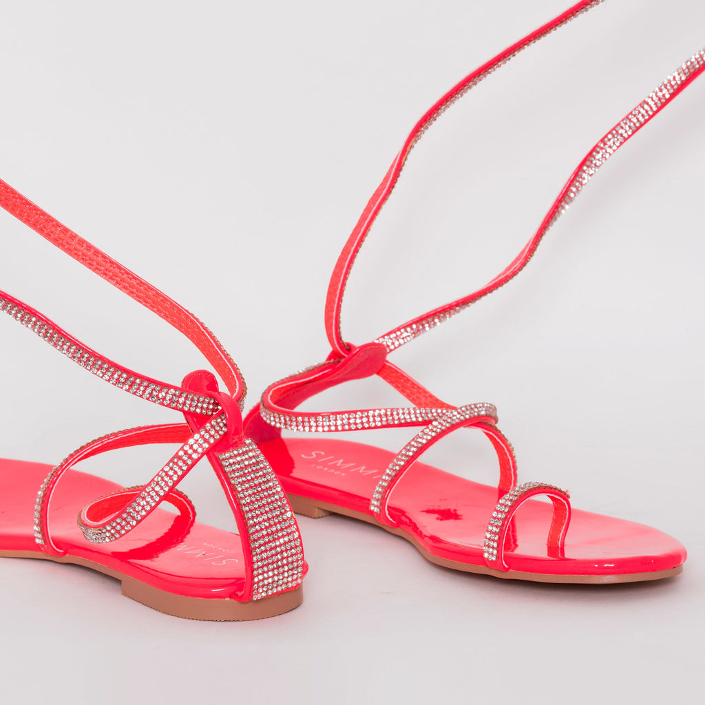 Averie Hot Pink Patent Lace Up Diamante Sandals