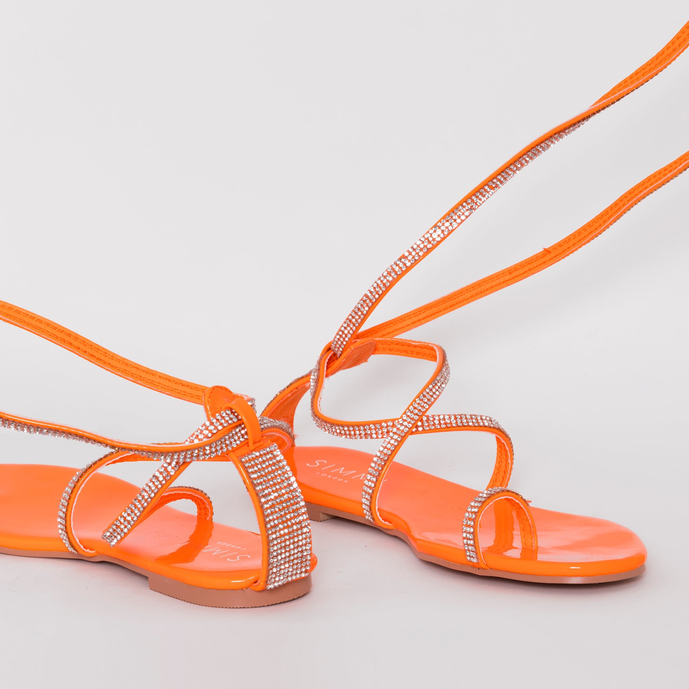 Averie Bright Orange Patent Lace Up Diamante Sandals