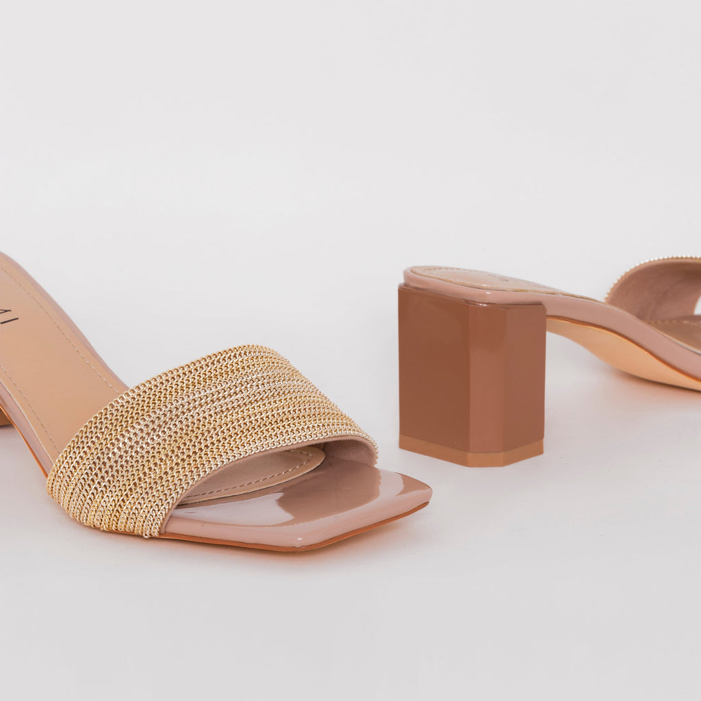 Romie Nude Gold Block Mid Heel Mules