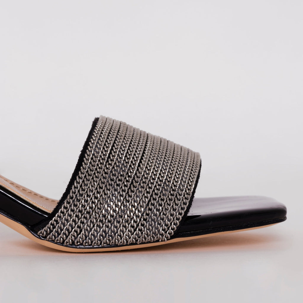 Romie Black Silver Block Mid Heel Mules